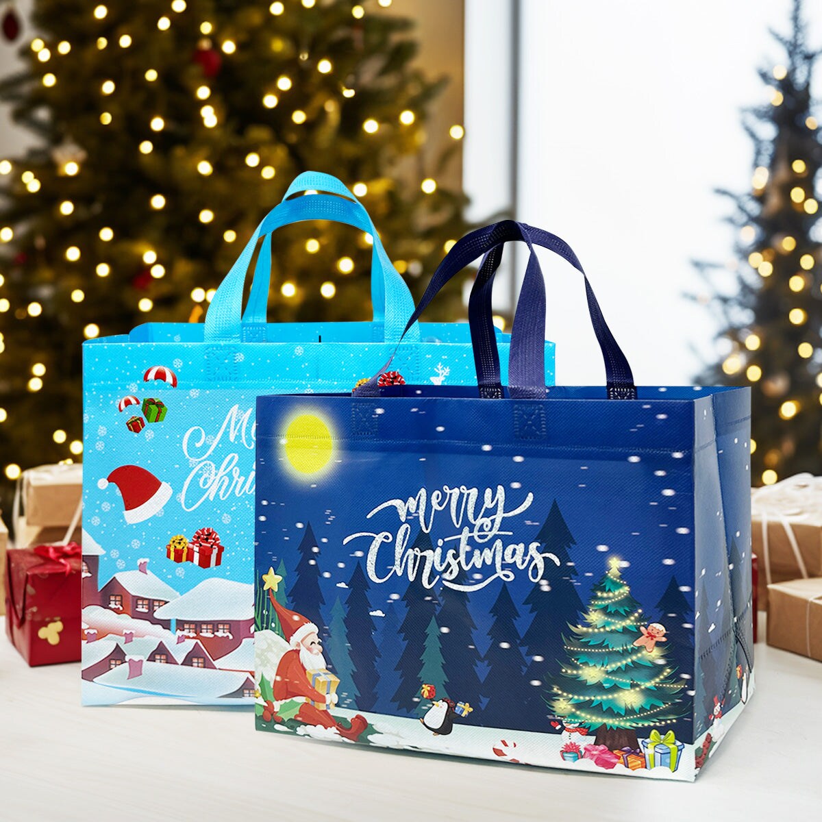 Wrapables Non-Woven Reusable Christmas Holidays Gift Bags with Handles for Gift Wrap, Parties, Favors and Treats (Set of 8), Blue Night