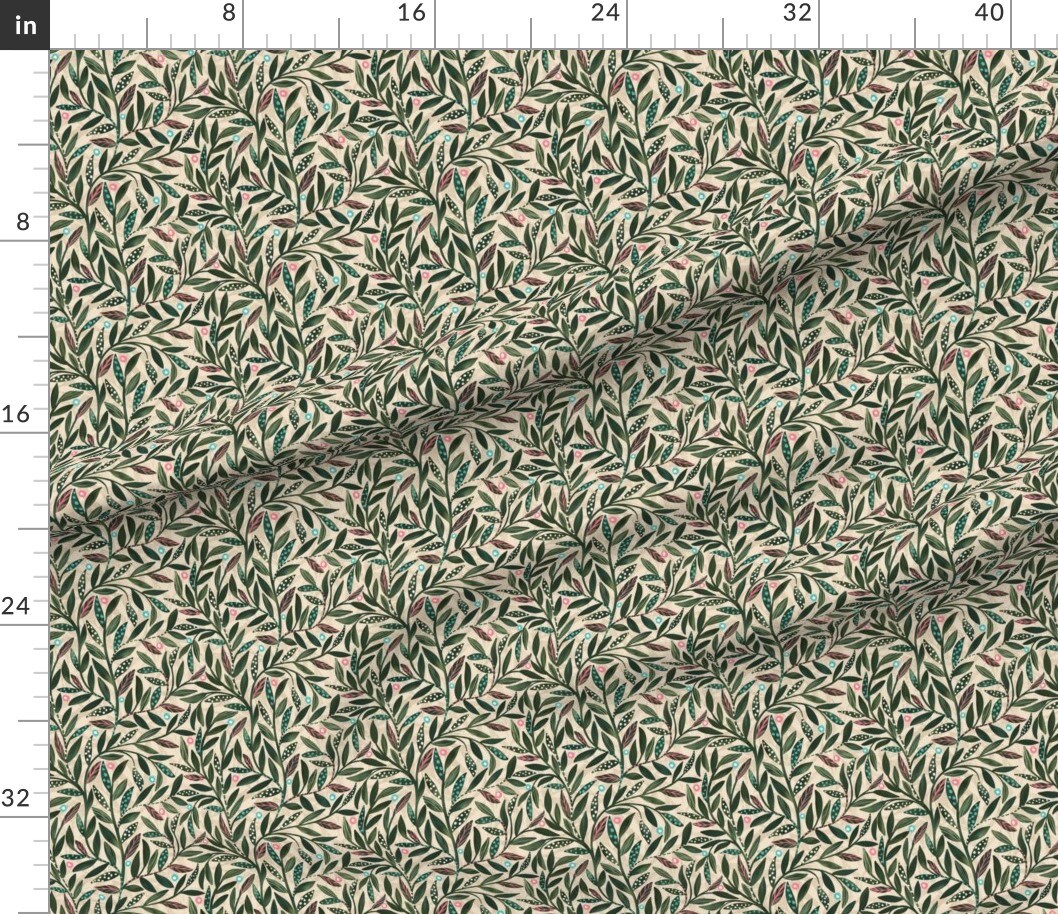 Modern Botanical Abstract Leaves Dots Green Vines Sage Olive Custom Printed Fabric by Spoonflower Various Fabrics by the Yard or Fat Quarter