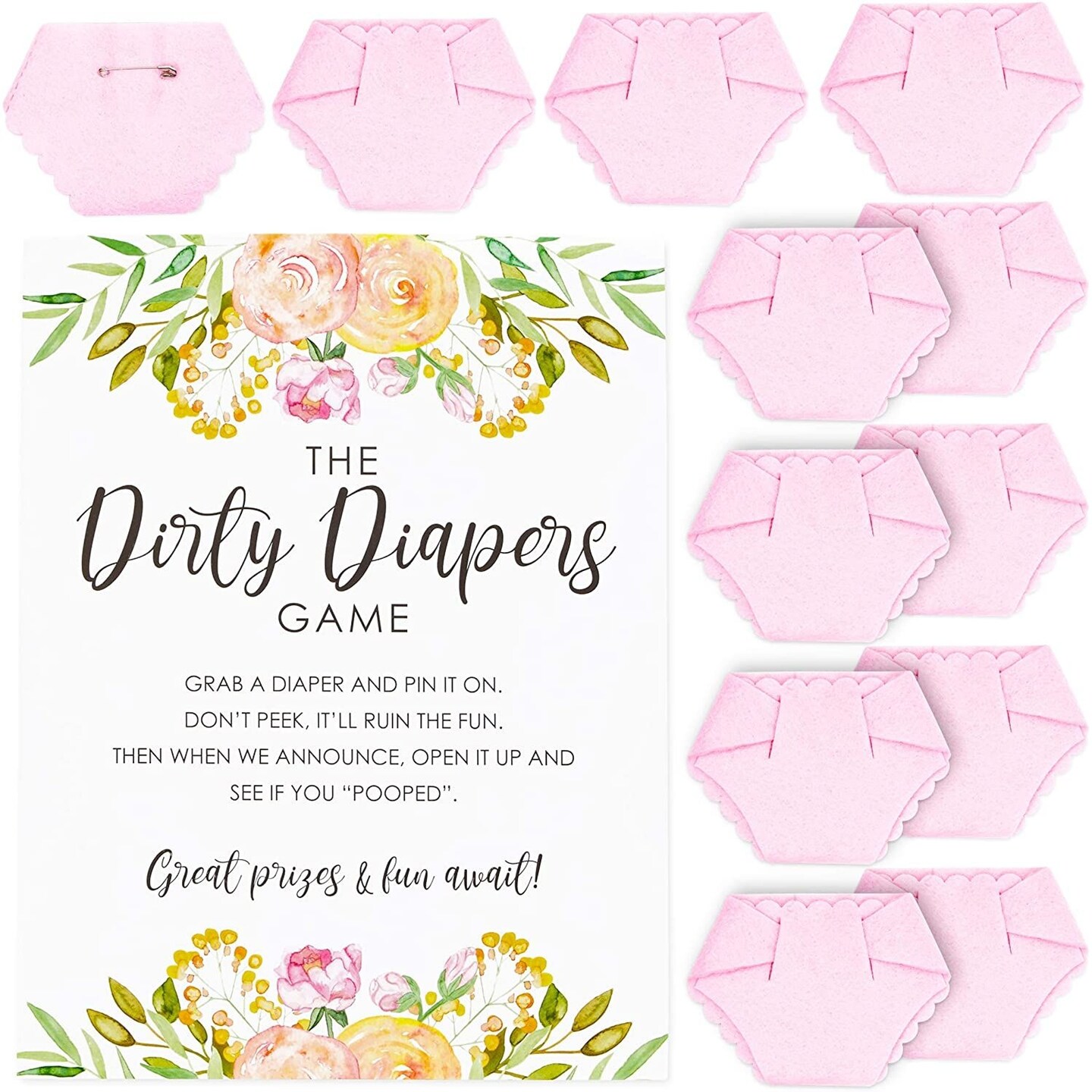 Dirty Diaper Baby Shower Game for Girl with 12 Mini Pink Diapers, 8.5 x 11 Inch Instruction Card Sign
