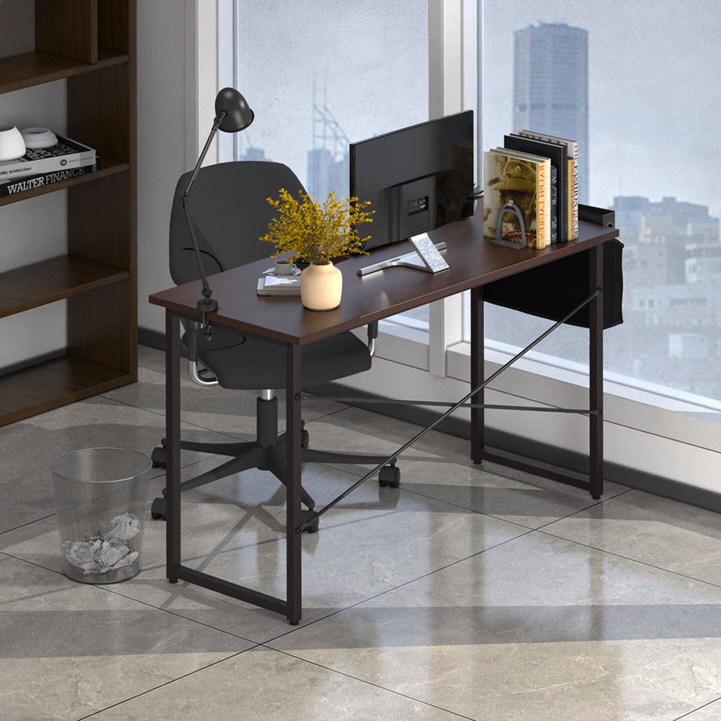 Costway Modern Computer Desk 47&#x27;&#x27; Study Writing Table w/ Storage Bag Coffee Black/Brown/Coffee