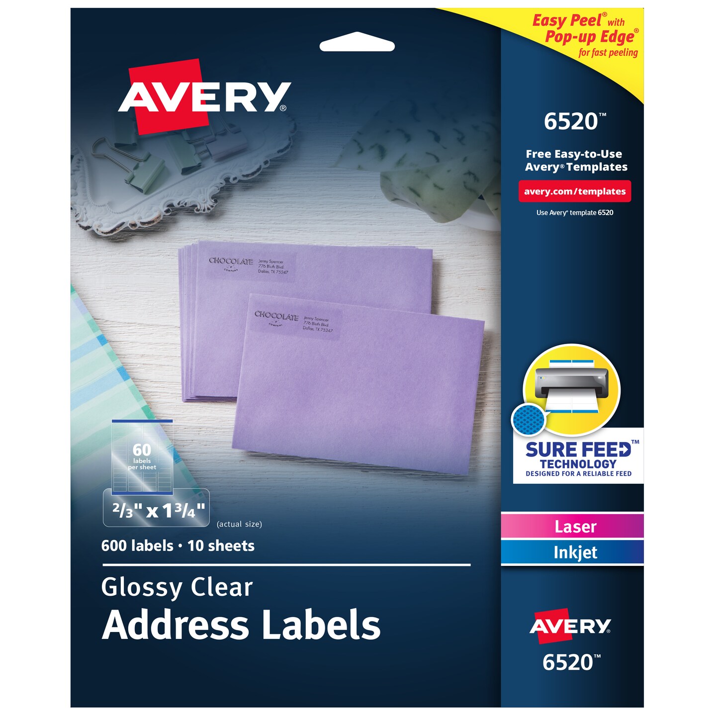 Avery Glossy Clear Address Labels, Sure Feed Technology, Laser/Inkjet, 2/3&#x22; x 1-3/4&#x22;, 600 Labels (6520)