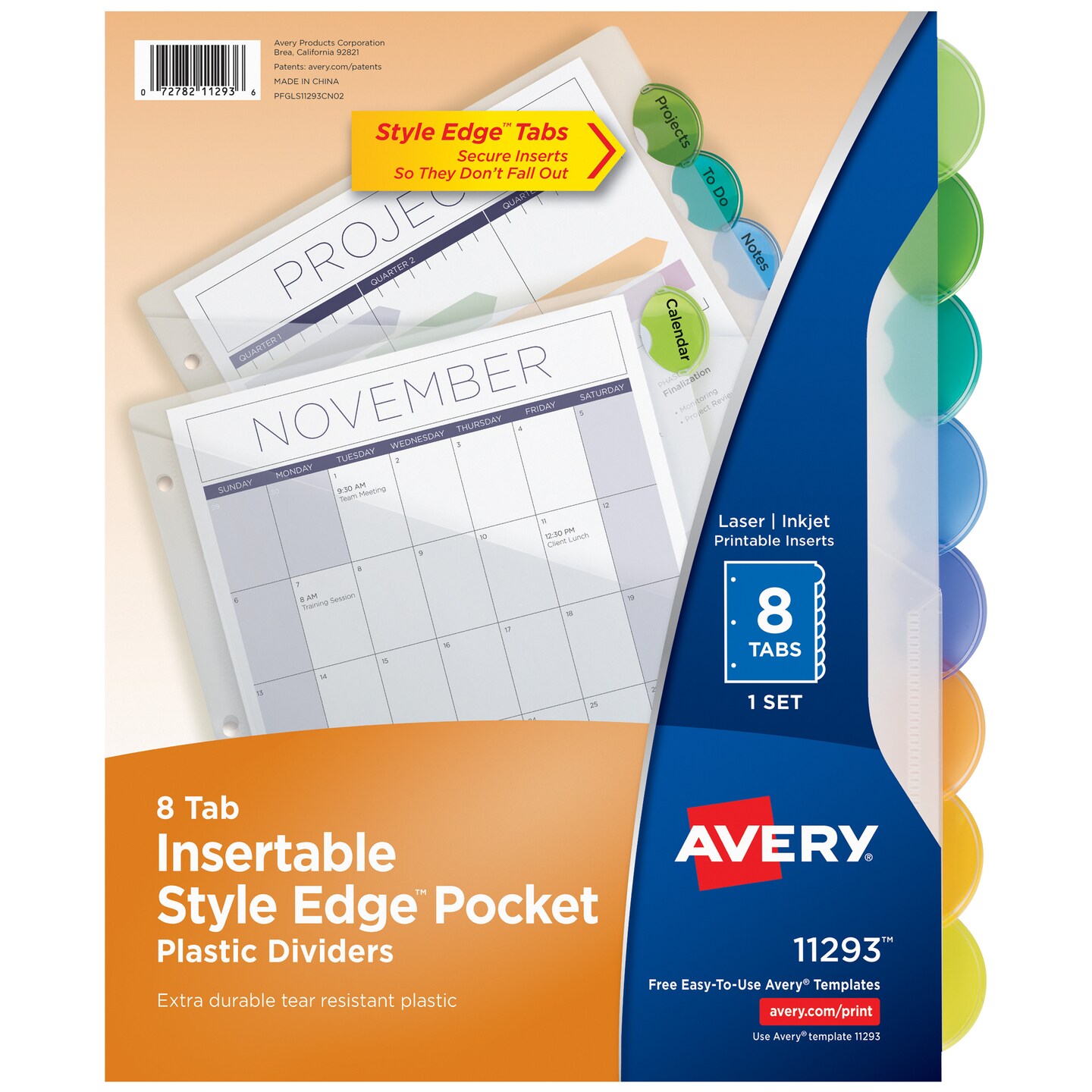 Avery Insertable Style Edge Pocket Plastic Dividers for 3 Ring Binders, 8-Tab Set, Style Edge Insertable Multicolor Tabs, Works With Sheet Protectors, 1 Set (11293)