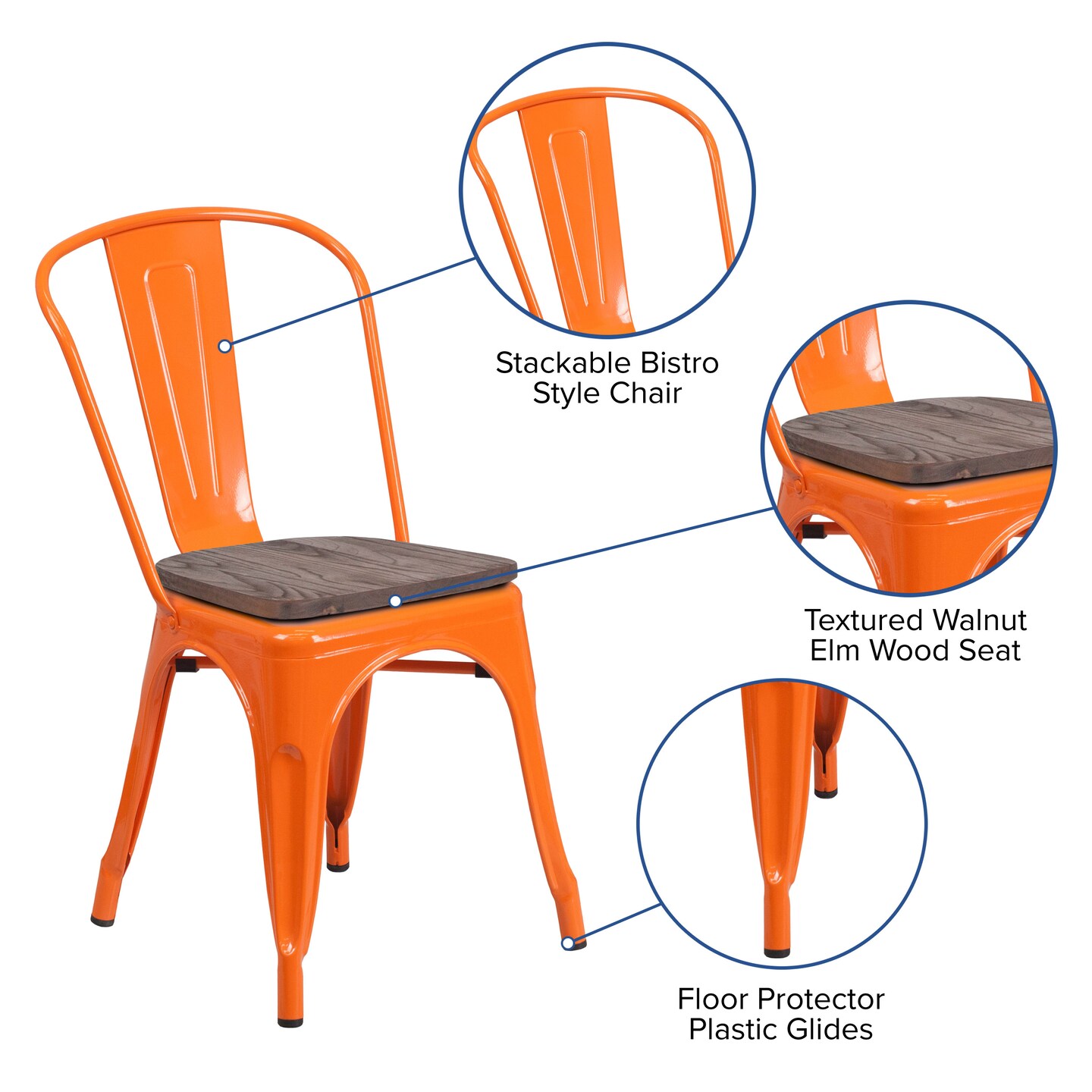 Merrick Lane Amsterdam Series Dining Chair - Blue Metal Frame - Textured Wooden Seat - Slatted, Curved Back