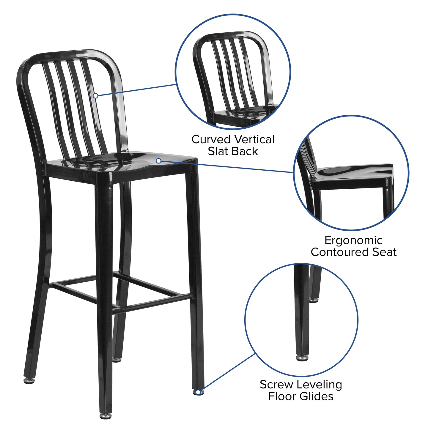 Merrick Lane Santorini 30 Inch Galvanized Steel Indoor/Outdoor Counter Bar Stool With Slatted Back And Powder Coated Finish