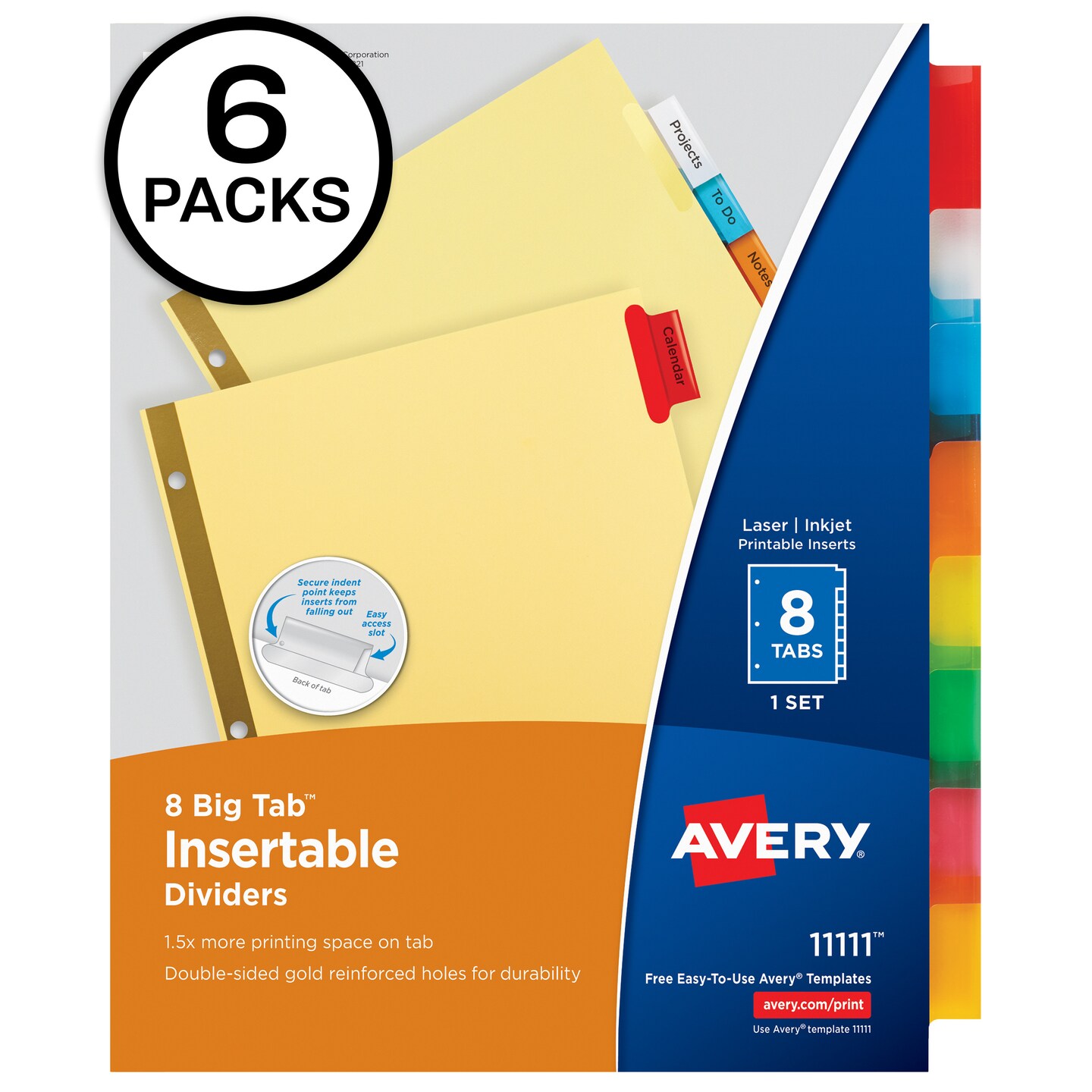 Avery 8-Tab Dividers, Insertable Multicolor Big Tabs, 6 Sets of 11111