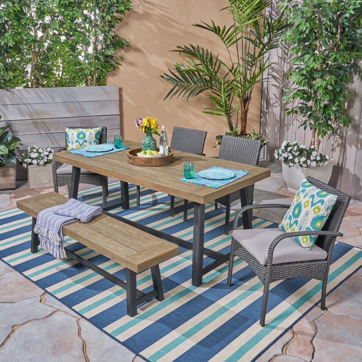 GDF Studio Barron Outdoor 6 Piece Dining Set with Wicker Chairs and Bench