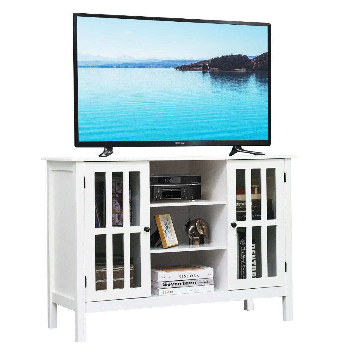 Wood Tv Stand Entertainment Media Center Console For Tv Up To 50 White