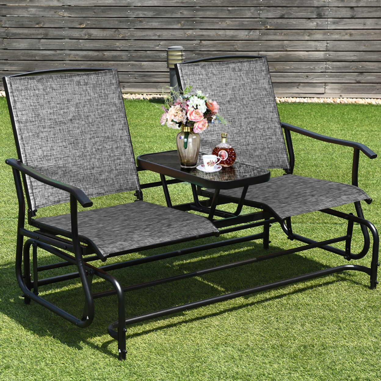 Patio 2-Person Glider Rocking Char Loveseat Garden W/ Tempered Glass Table Grey