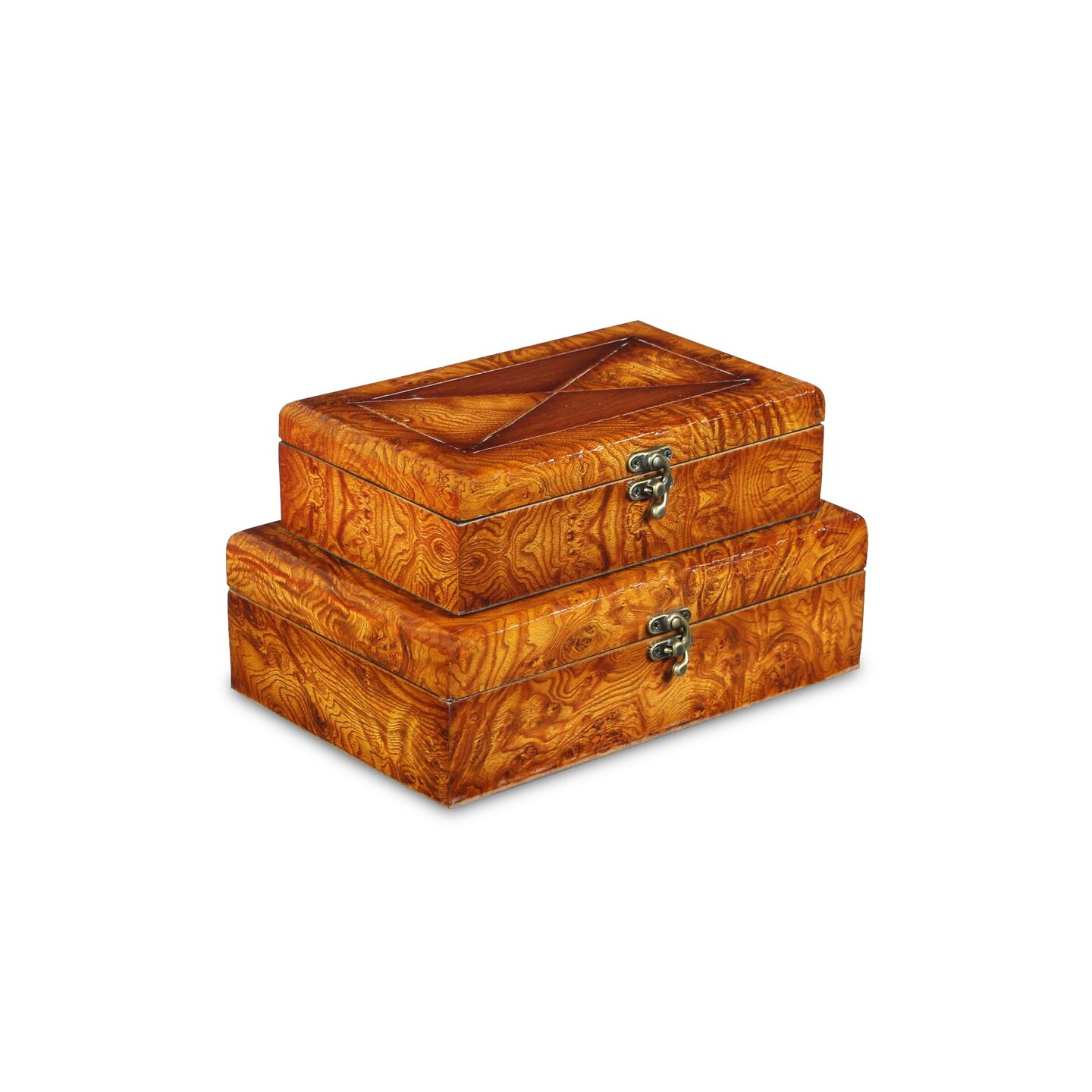 Contemporary Home Living Set of 2 Brown Rectangular Lined Burl Wood Veneer Storage Boxes 10.75&#x22;
