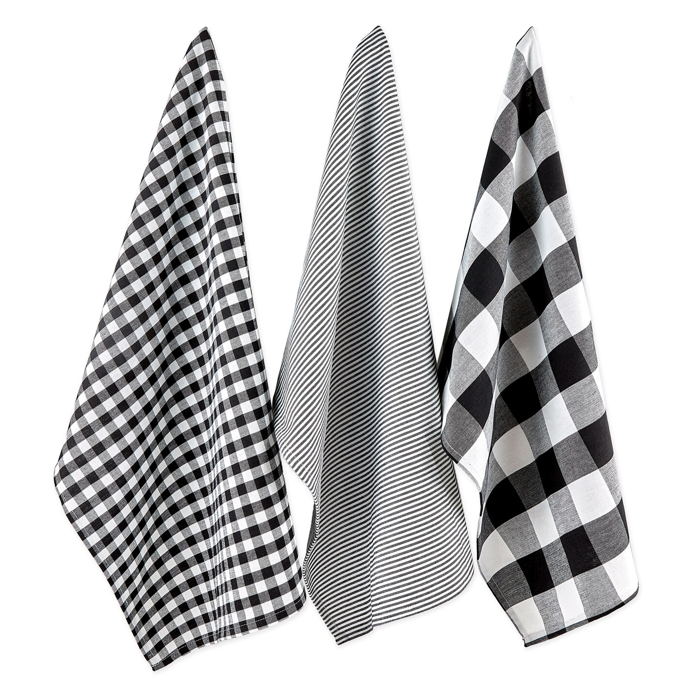 Contemporary Home Living Checkered and Striped Cotton Dish Towels - 30" - Black and White - Set of 3