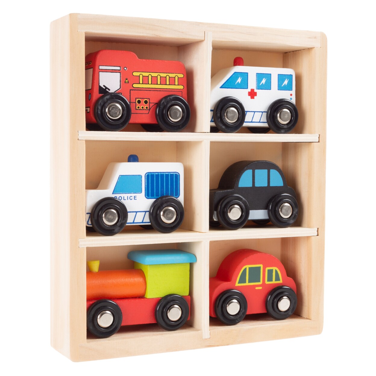 Wooden Car Playset 6 Piece Mini Toy Vehicle Set Cars Trucks Train For Ages 3+