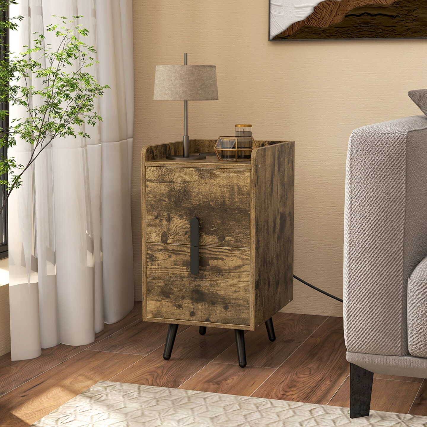 Costway Nightstand with Charging Station Home Bedside Sofa Side Tables with 2 Drawers Coffee/White/Black