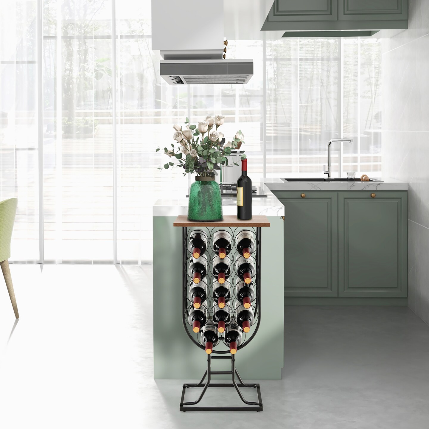 Costway 14 Bottles Wine Rack Console Table Freestanding Wine Storage with Woodtop &#x26; Wheels