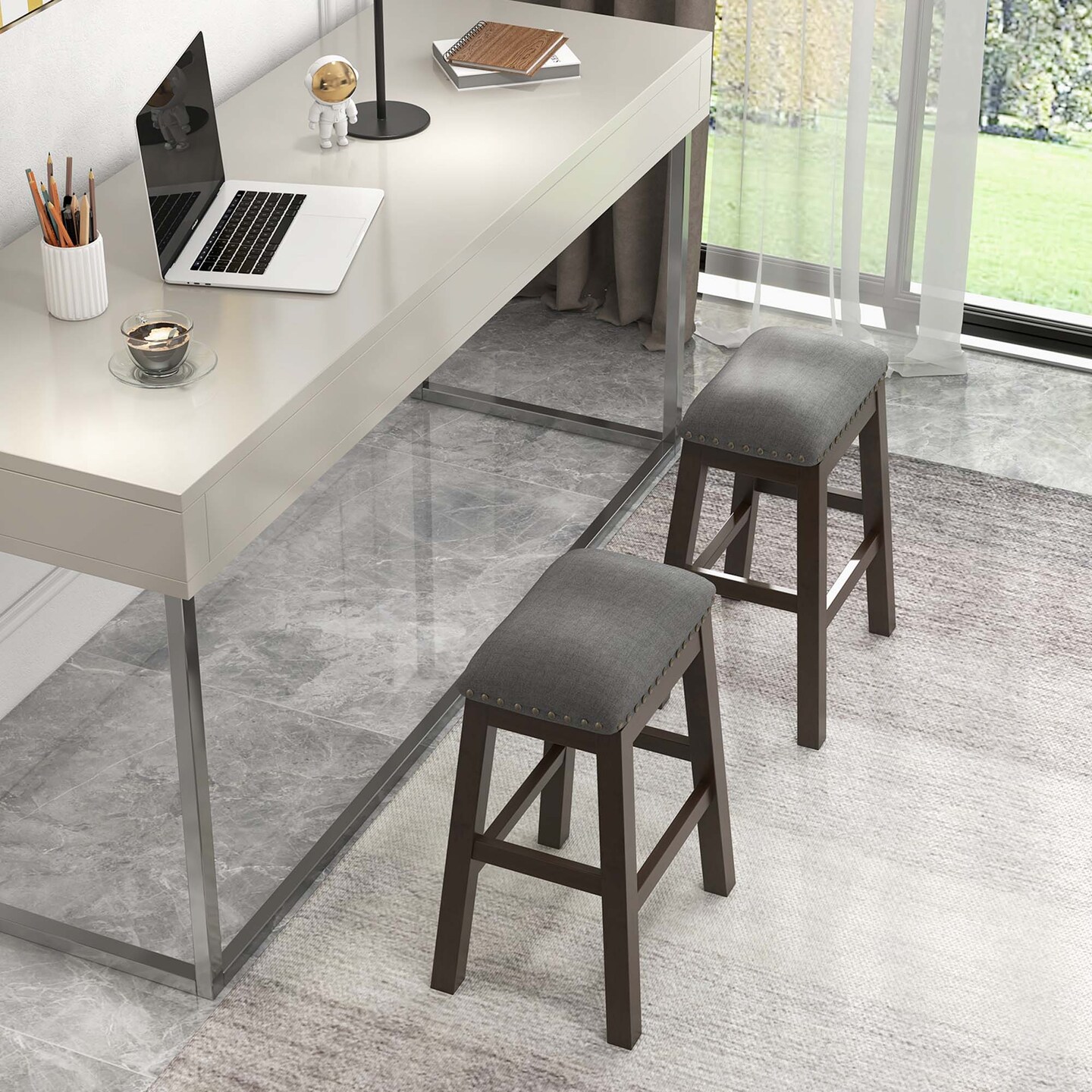 Costway Set of 2 Upholstered Saddle Bar Stools 24.5&#x27;&#x27; Dining Chairs with Wooden Legs Gray