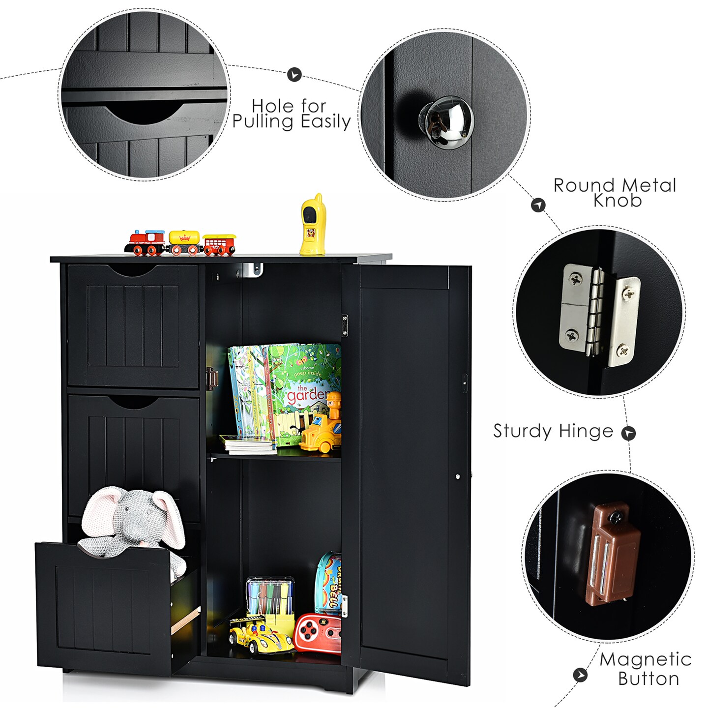 Costway Bathroom Floor Cabinet Side Storage Cabinet with 3 Drawers and 1 Cupboard Grey, Gray