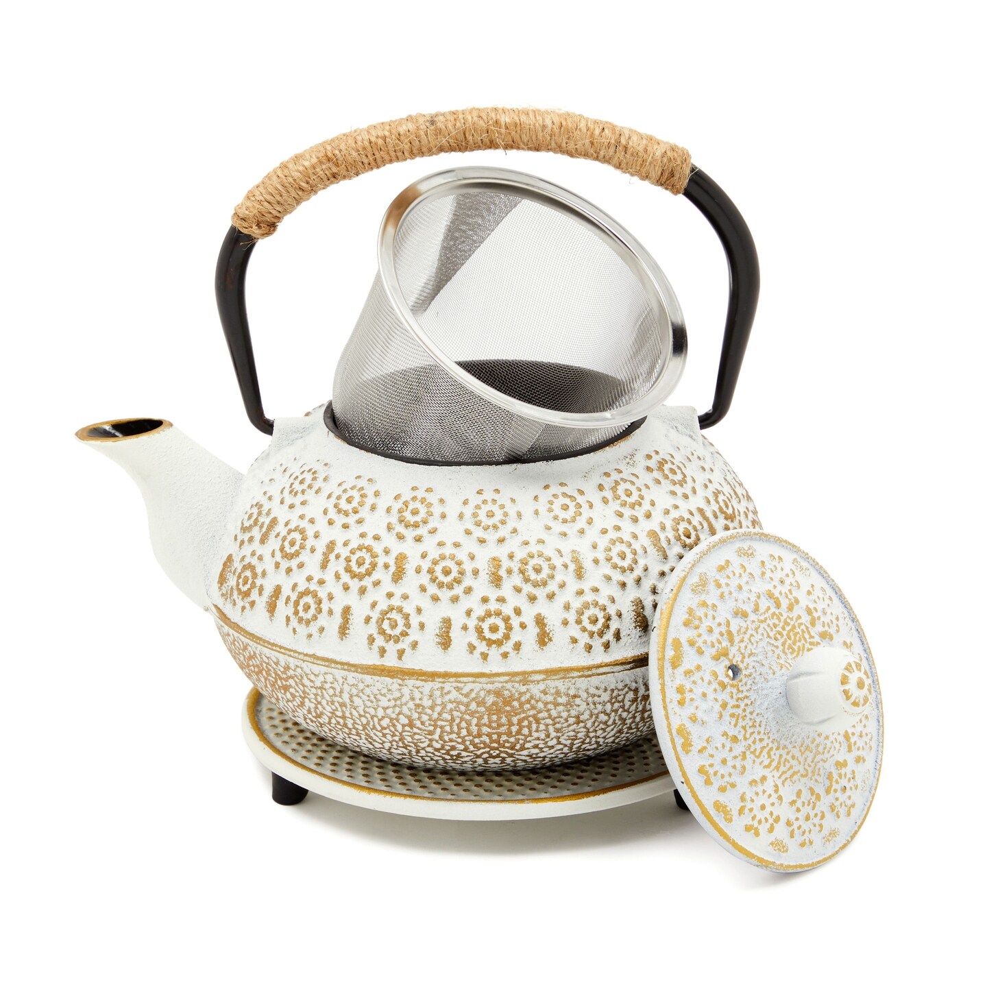 3 Piece Set White Japanese Cast Iron Teapot - Loose Leaf Tetsubin with Handle, Stainless Steel Infuser, and Trivet (27 oz, 800 ml)