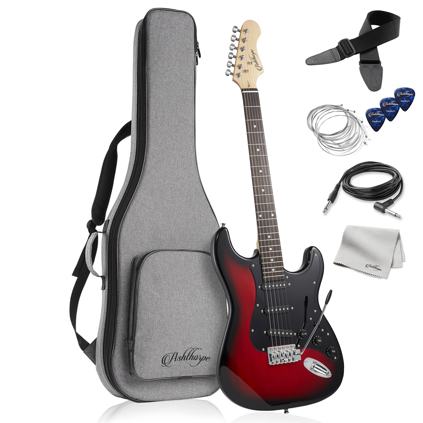 Ashthorpe 39-Inch Electric Guitar, Full-Size Guitar Kit with Padded Gig Bag, Tremolo Bar, Strap, Strings, Cable, Cloth, Picks