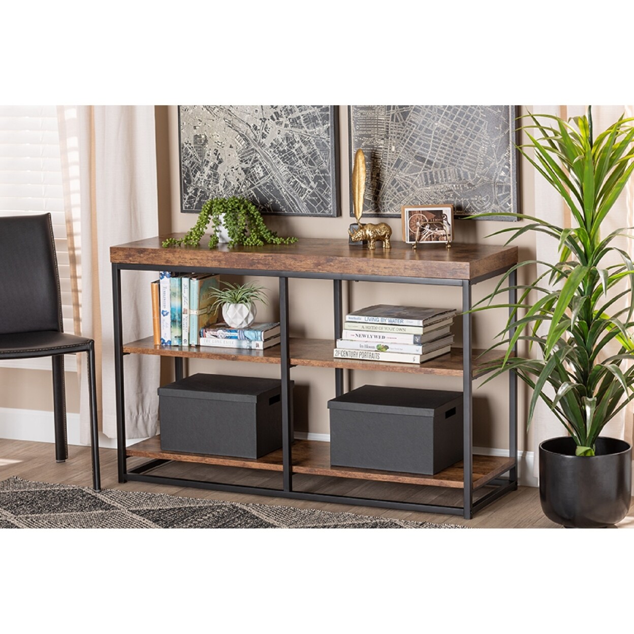 Wholesale Interiors Baxton Studio Bardot Modern Industrial Walnut Brown Finished Wood and Black Metal 3-Tier Console Table