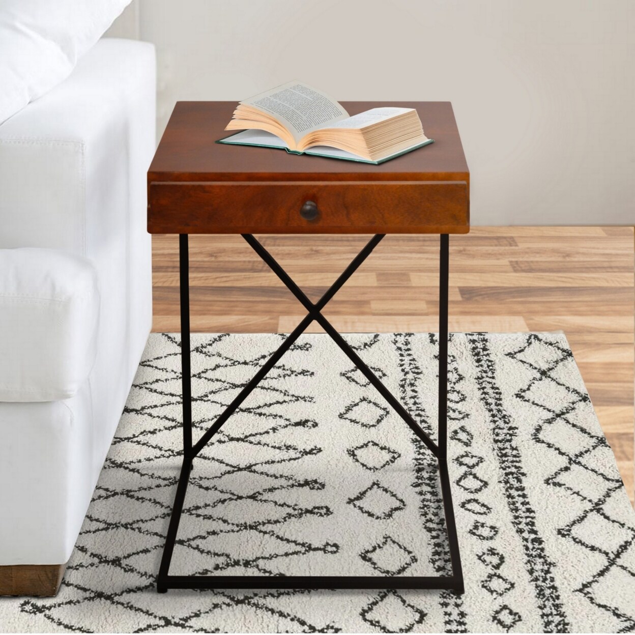 Saltoro Sherpi Wooden Sofa Side Table with 1 Drawer and Metal Frame, Brown and Black-