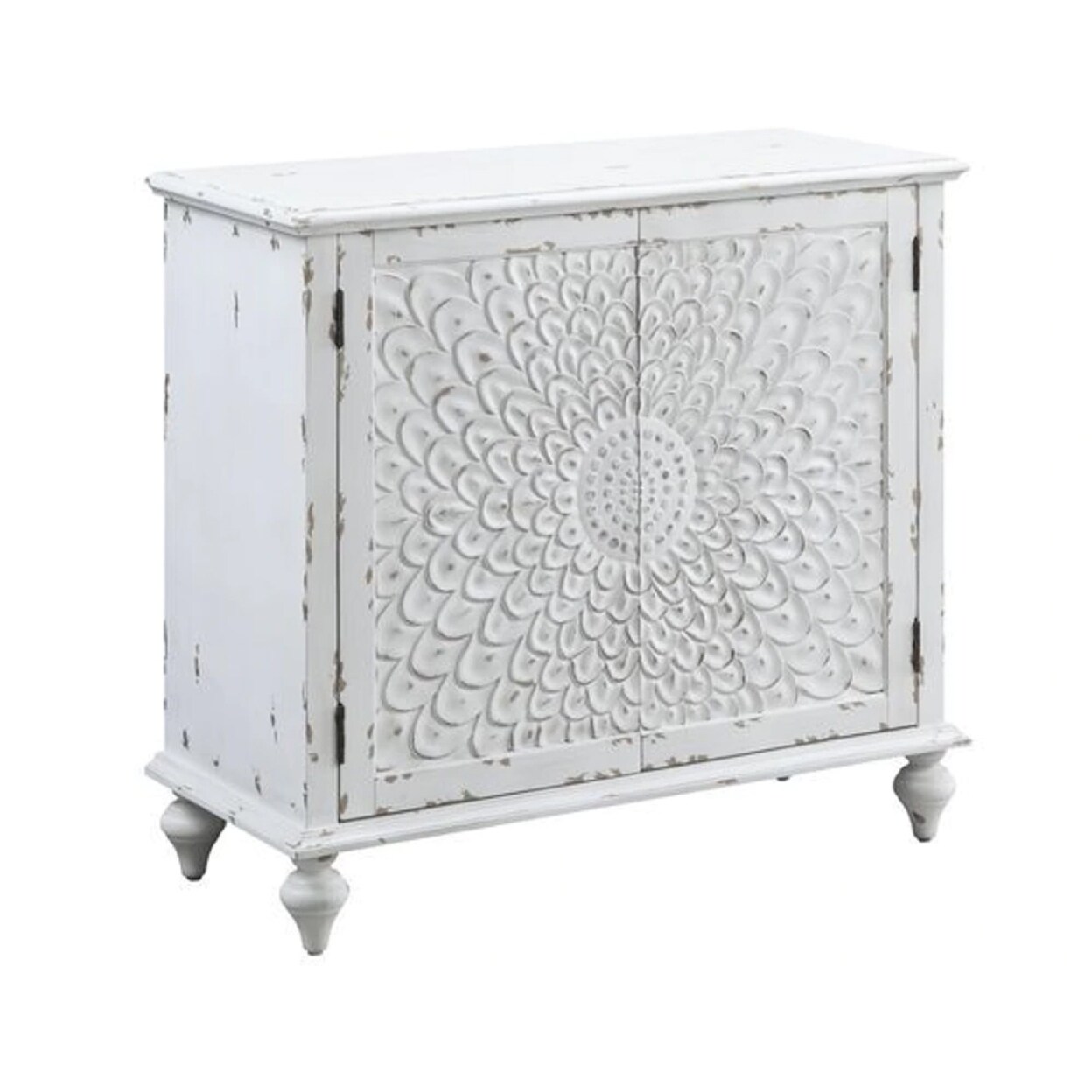 Saltoro Sherpi 36 Inch Wood Console Buffet Cabinet, Carved Floral Pattern, Antique White-