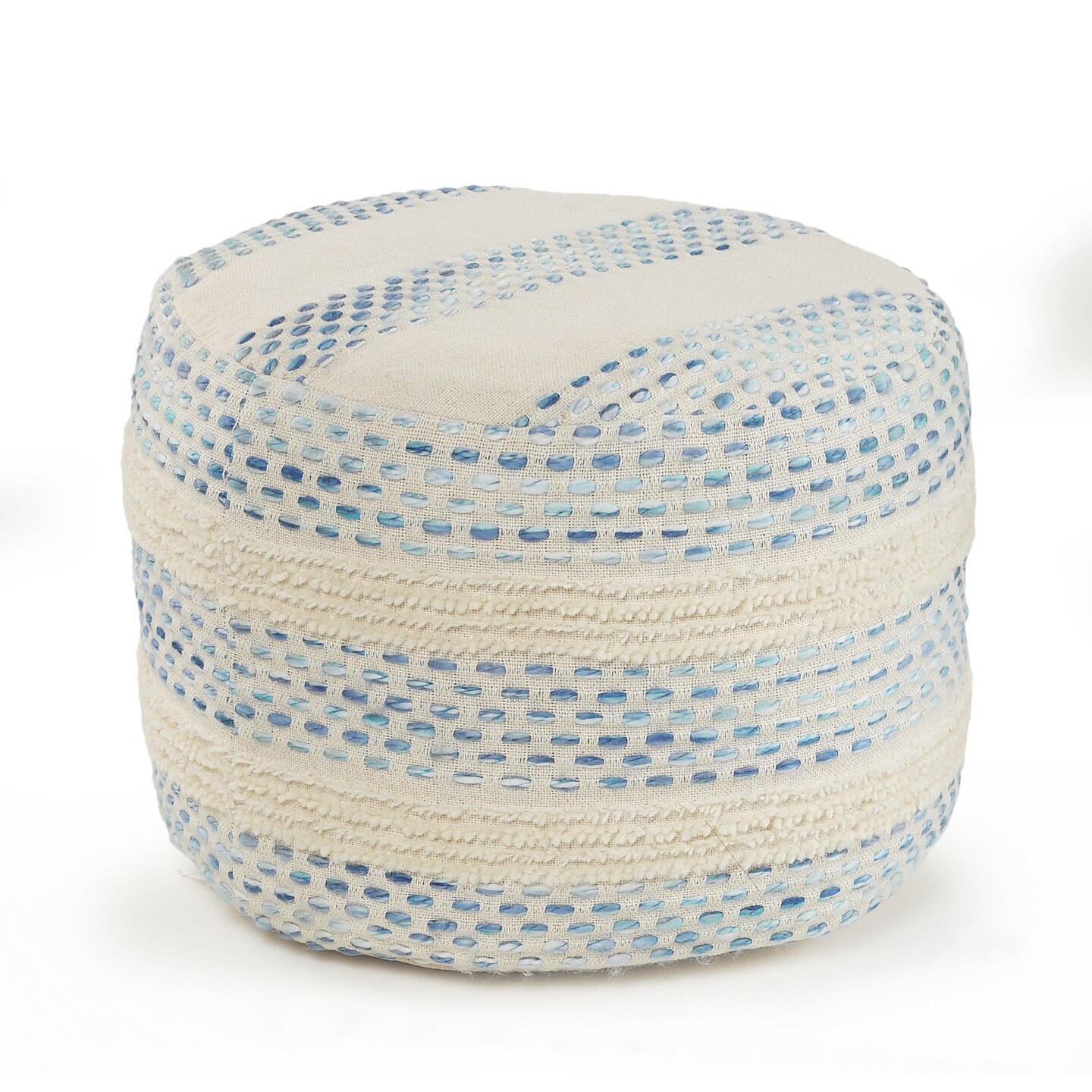 Laddha Home Designs 18&#x22; Blue and Cream Tufted Pin Dot Round Pouf Ottoman