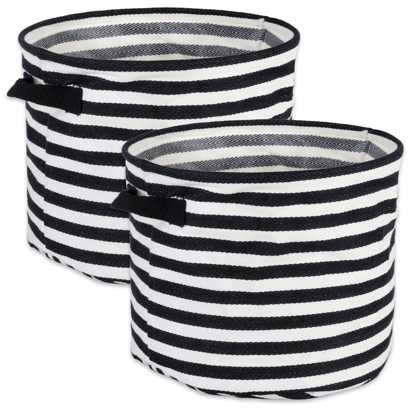 Contemporary Home Living Set of 2 Black and White Round Striped Medium Laundry Baskets, 12&#x22;