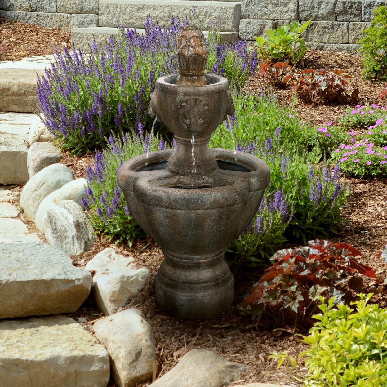 Pure Garden Lion Head Fountain 32 Inch Outdoor Polyresin 2 Tier Water Feature