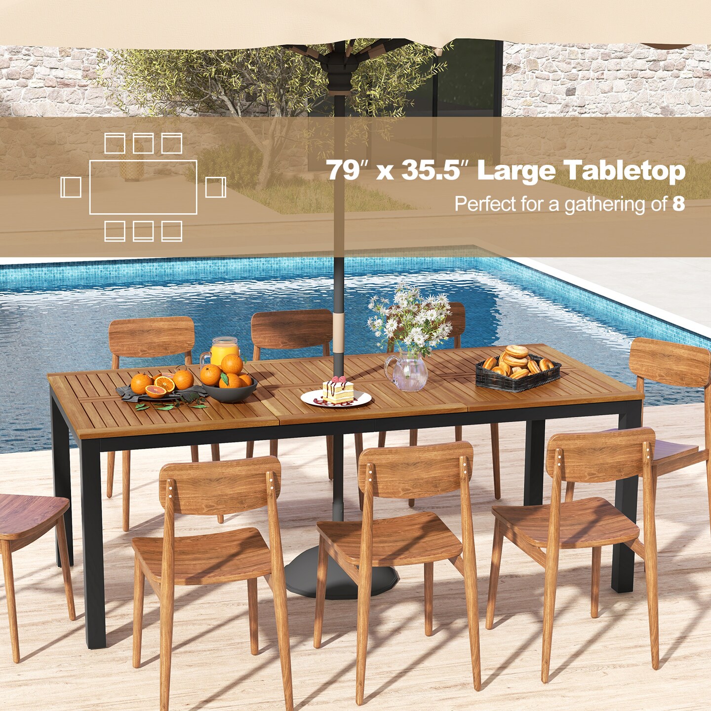Costway 79&#x22; Acacia Wood Patio Table 8-Person Outdoor Dining Table with Umbrella Hole