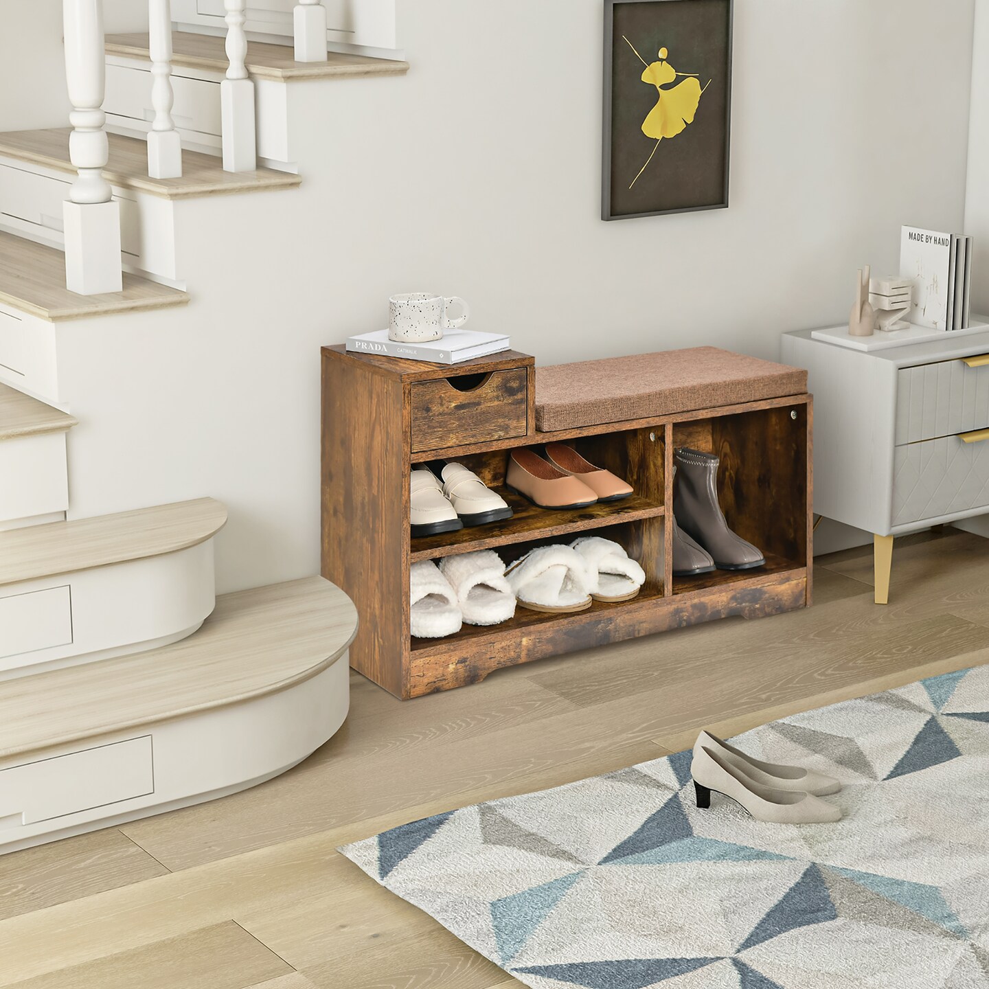 Costway 2-tier Shoe Bench Storage Shoe Rack Organizer Cabinet with Cushion for Entryway