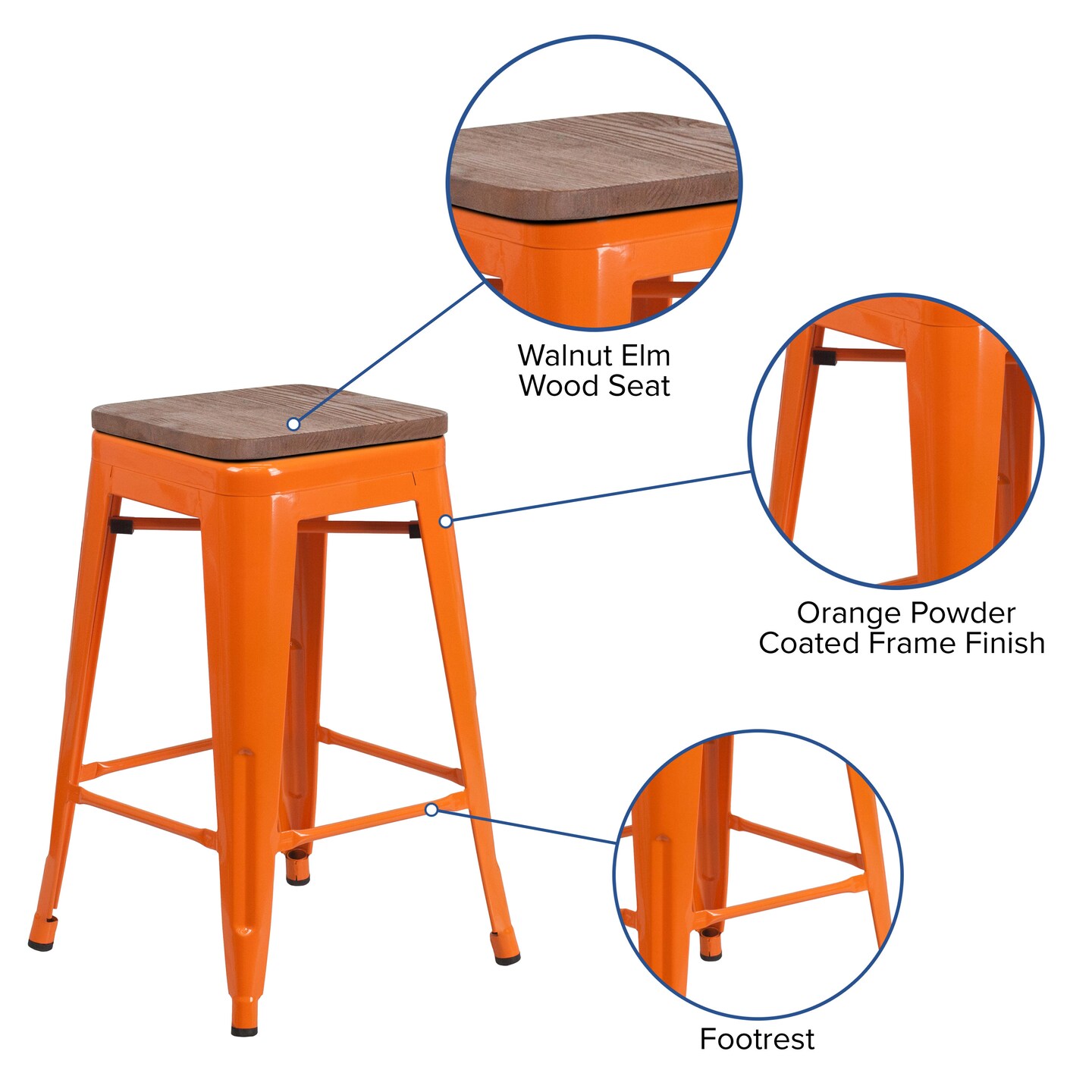 Merrick Lane Dalton Series Backless Metal Dining Stool with Wooden Seat for Indoor Use