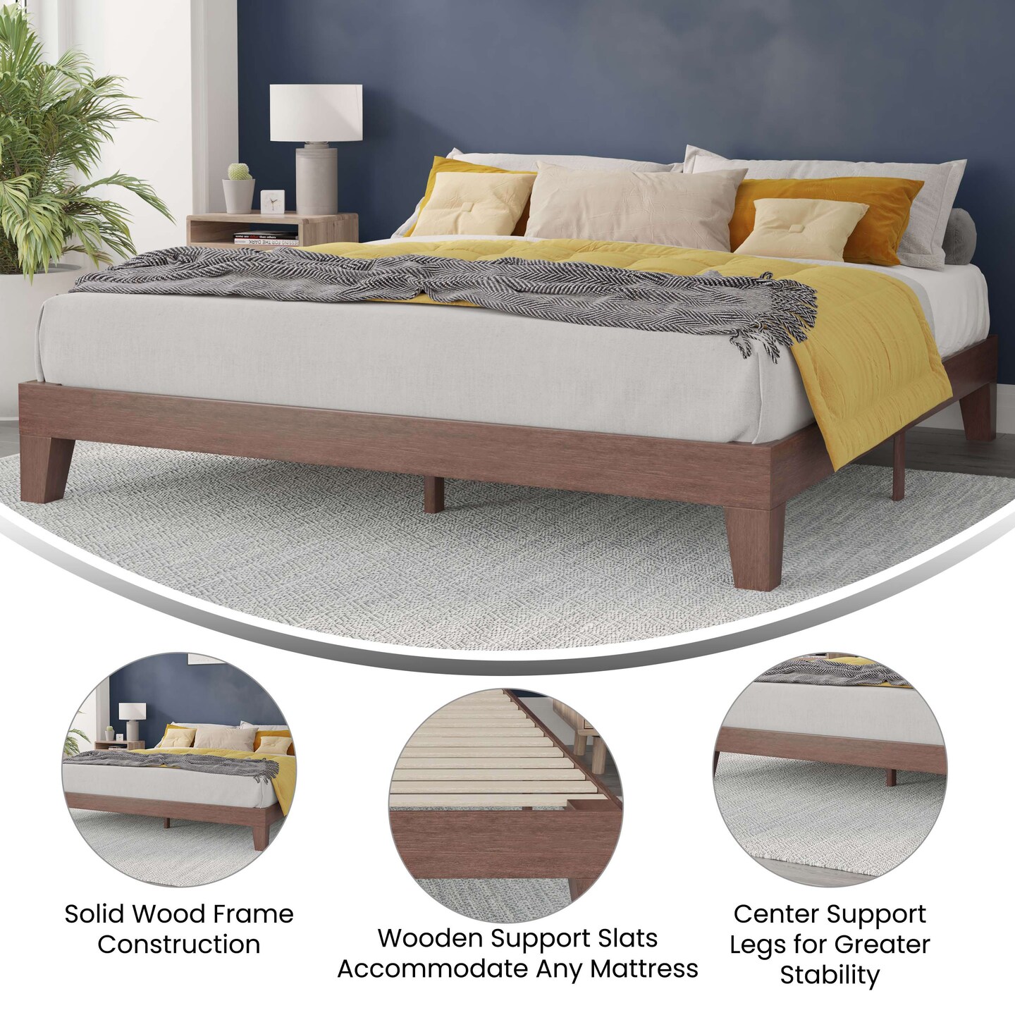 Merrick Lane Eduardo Platform Bed Frame, Solid Wood Platform Bed Frame With Slatted Support, No Box Spring Needed