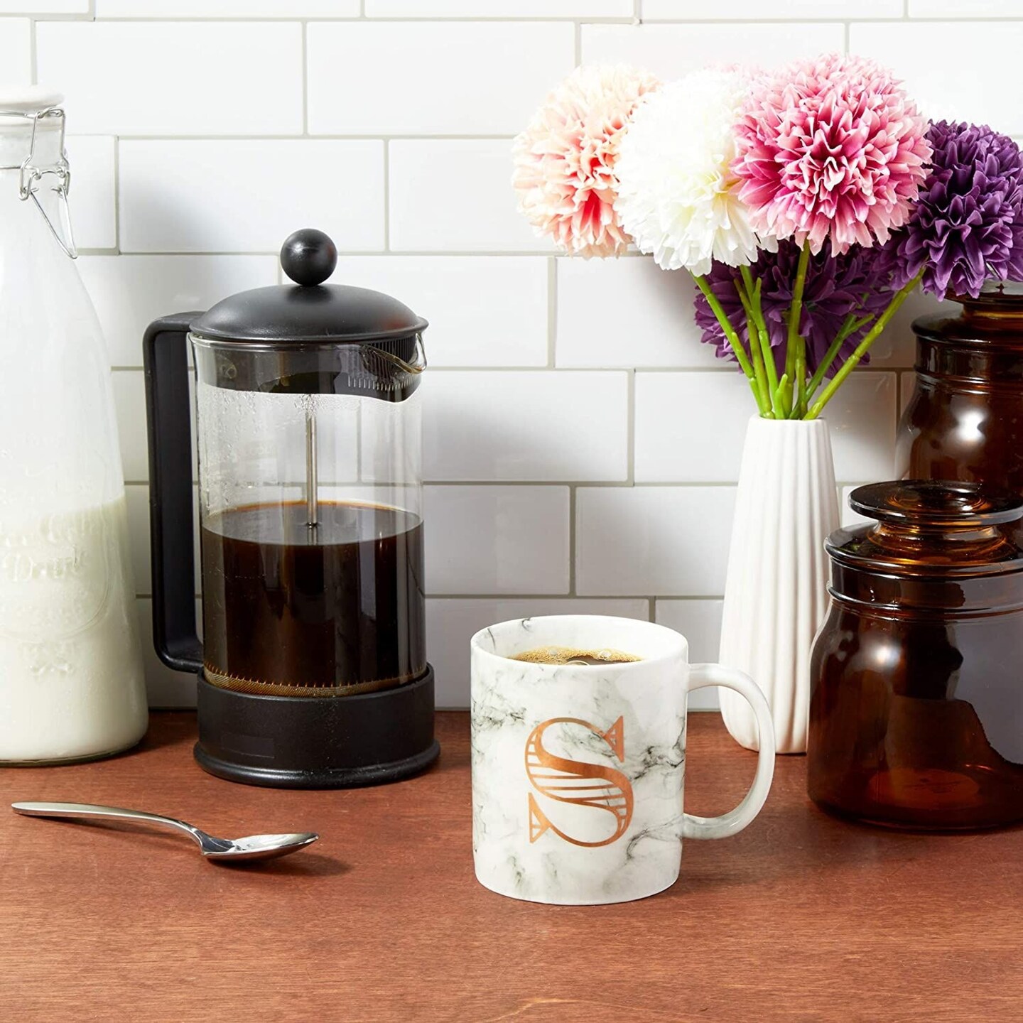 Rose Gold Letter S Monogram Mug, White Marble Ceramic Coffee Cup (11 oz)