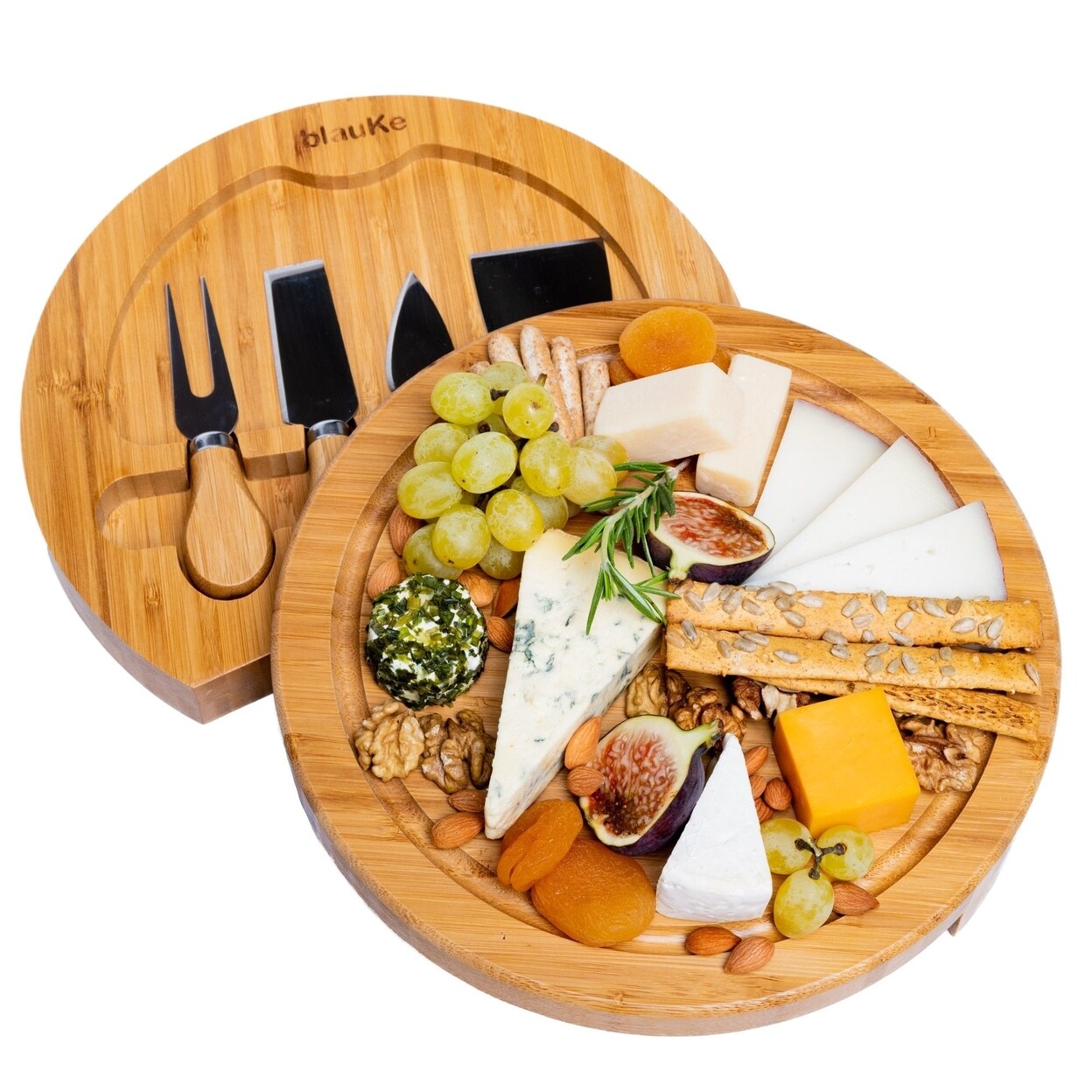 Bamboo Cheese Board And Knife Set 10 Inch Swiveling Charcuterie Tray