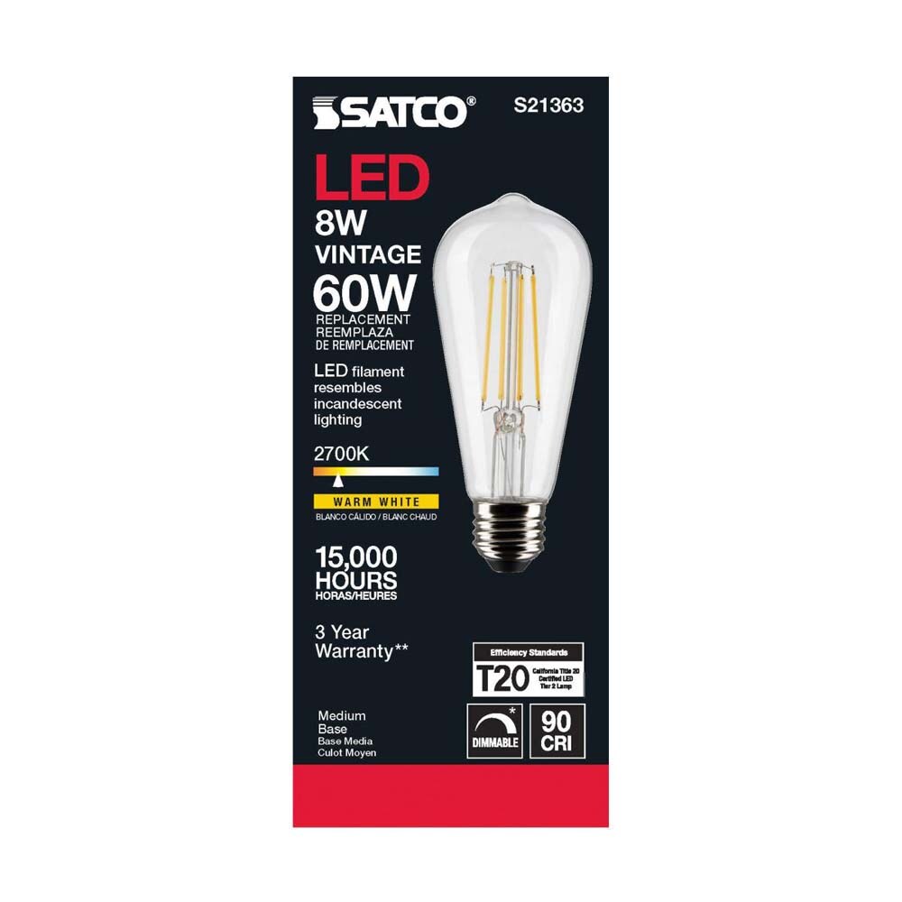 6Pk - Satco 8w ST19 LED 2700K Medium Base Dimmable - 60w equiv