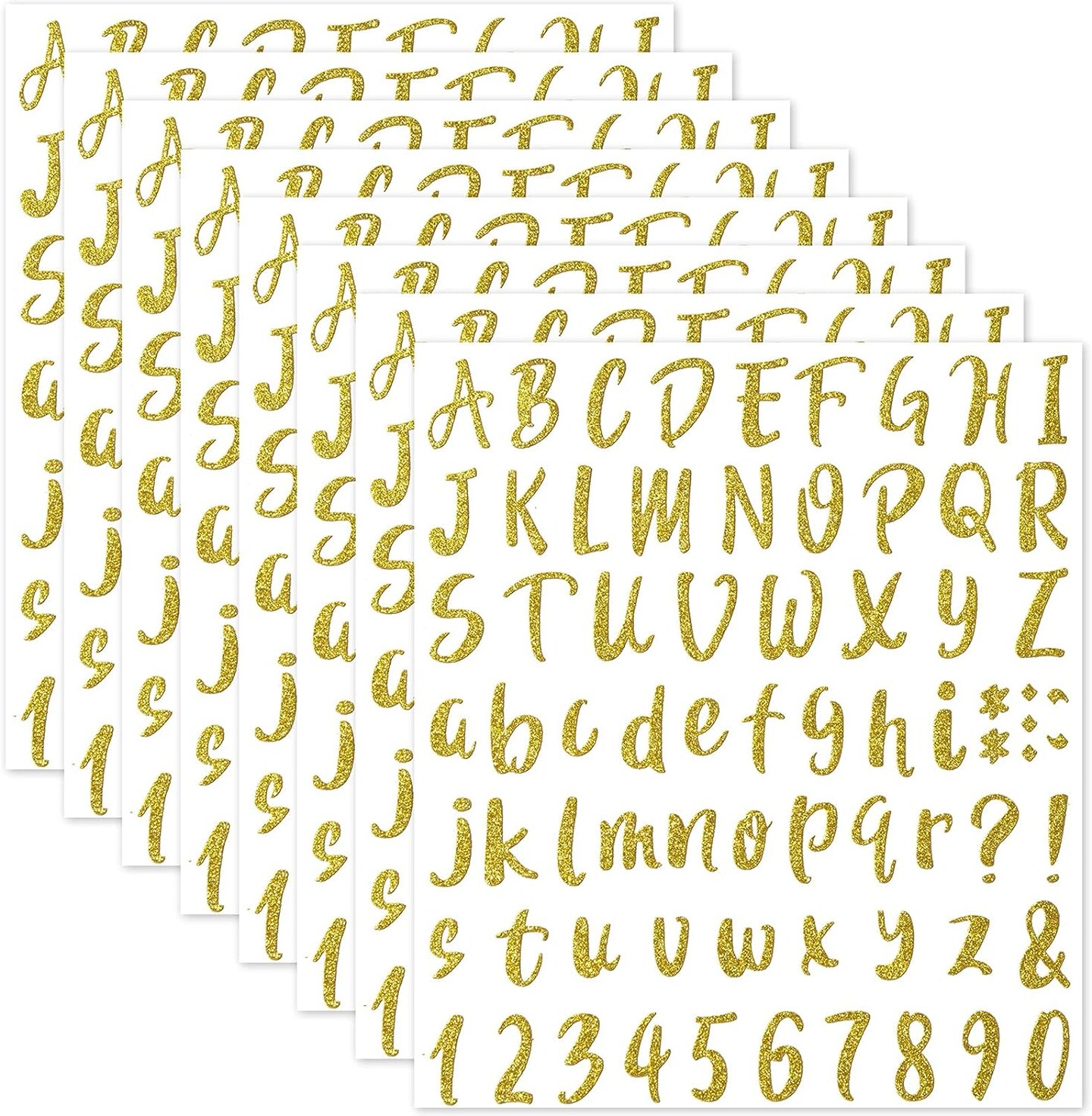 576 Pieces 8 Sheets Letters Stickers Self Adhesive Vinyl Letter Alphabet Number Stickers Mailbox Numbers Sticker, Decals for Classroom Decor, Sign, Door(Glitter Gold,1 Inch)