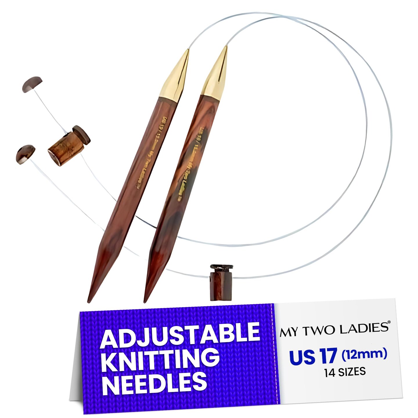 My Two Ladies | The ORGINAL | Adjustable Ergonomic Knitting Needles - Rosewood - 7&#x22; Wooden Knitting Needle with 20&#x22; Kink-Resistant Rotating Cable - Knit Quicker, Longer &#x26; Easier with Reduced Hand Stress