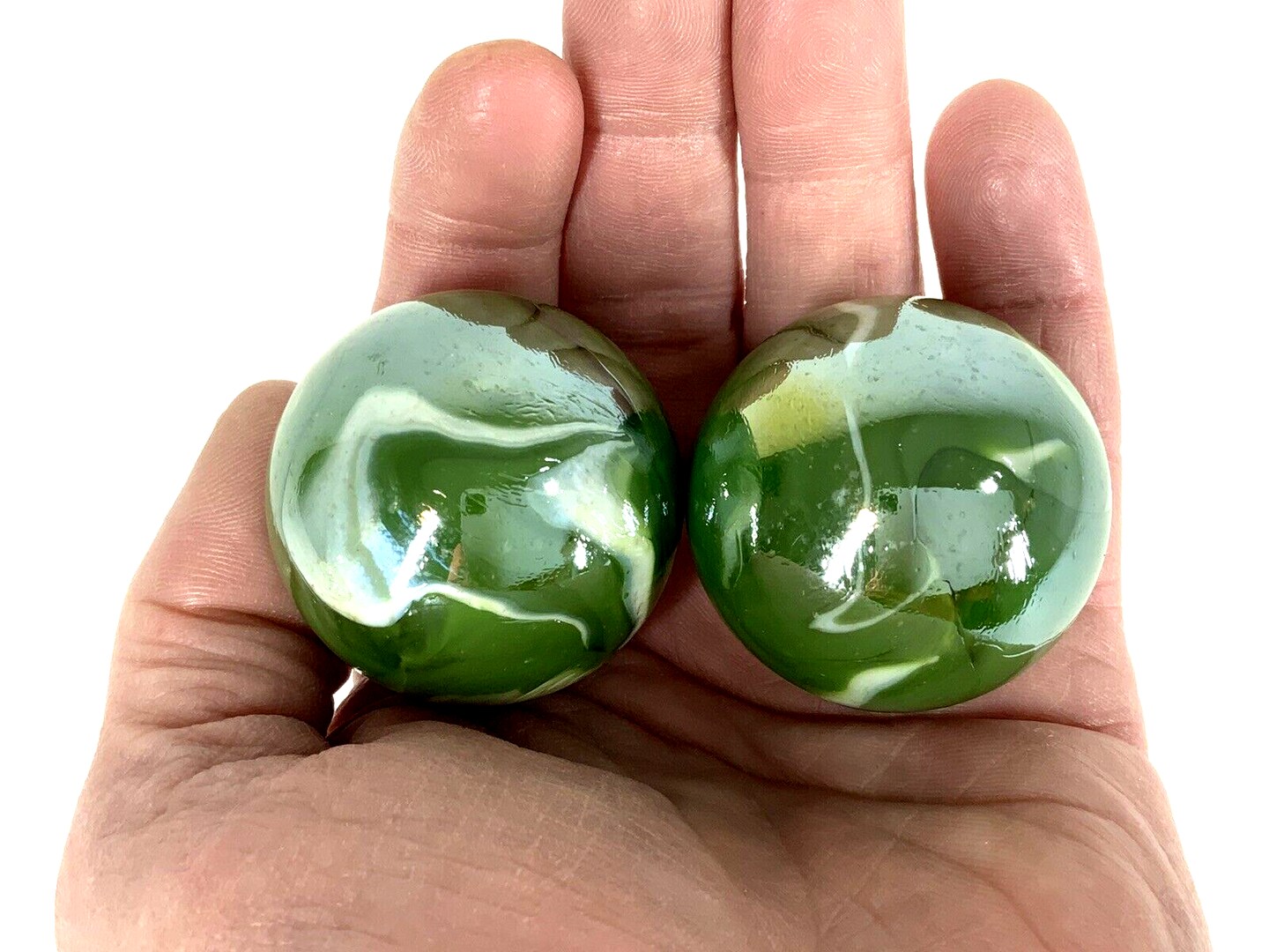 2 Boulders 50mm (1 5/8&#x22;) FUNGUS Marbles glass ball Green White Iridescent large Swirl