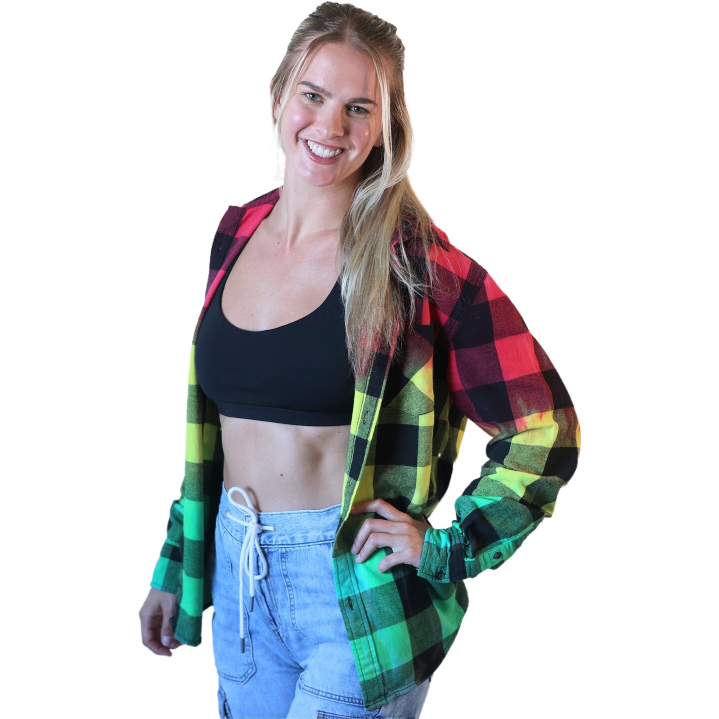 Rasta Tie Dye Flannel - Women's Red Yellow Green Oversized Reggae Buffalo Plaid Shirt