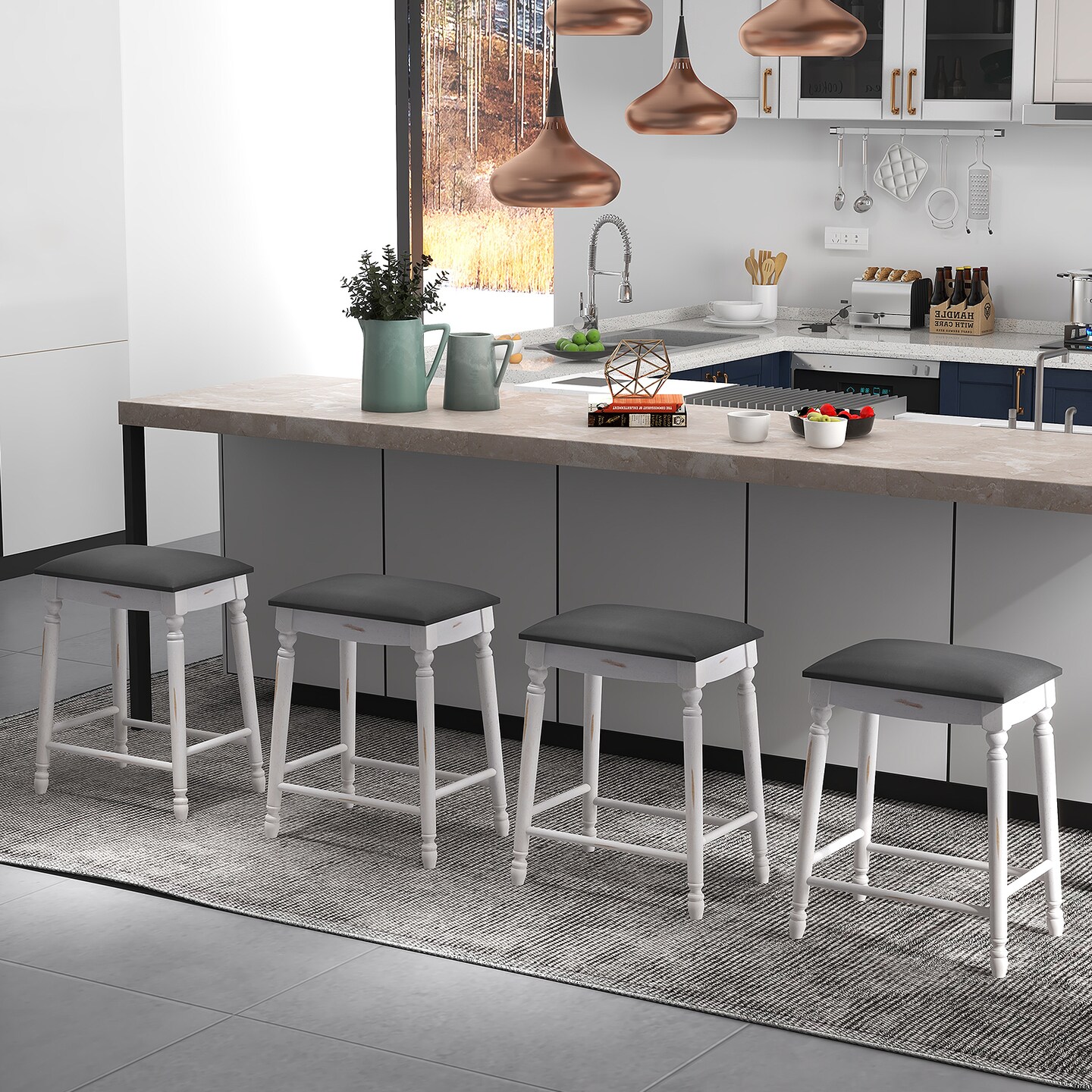 Bar Stool Set Of 2 With Padded Seat Cushions And Wood Legs