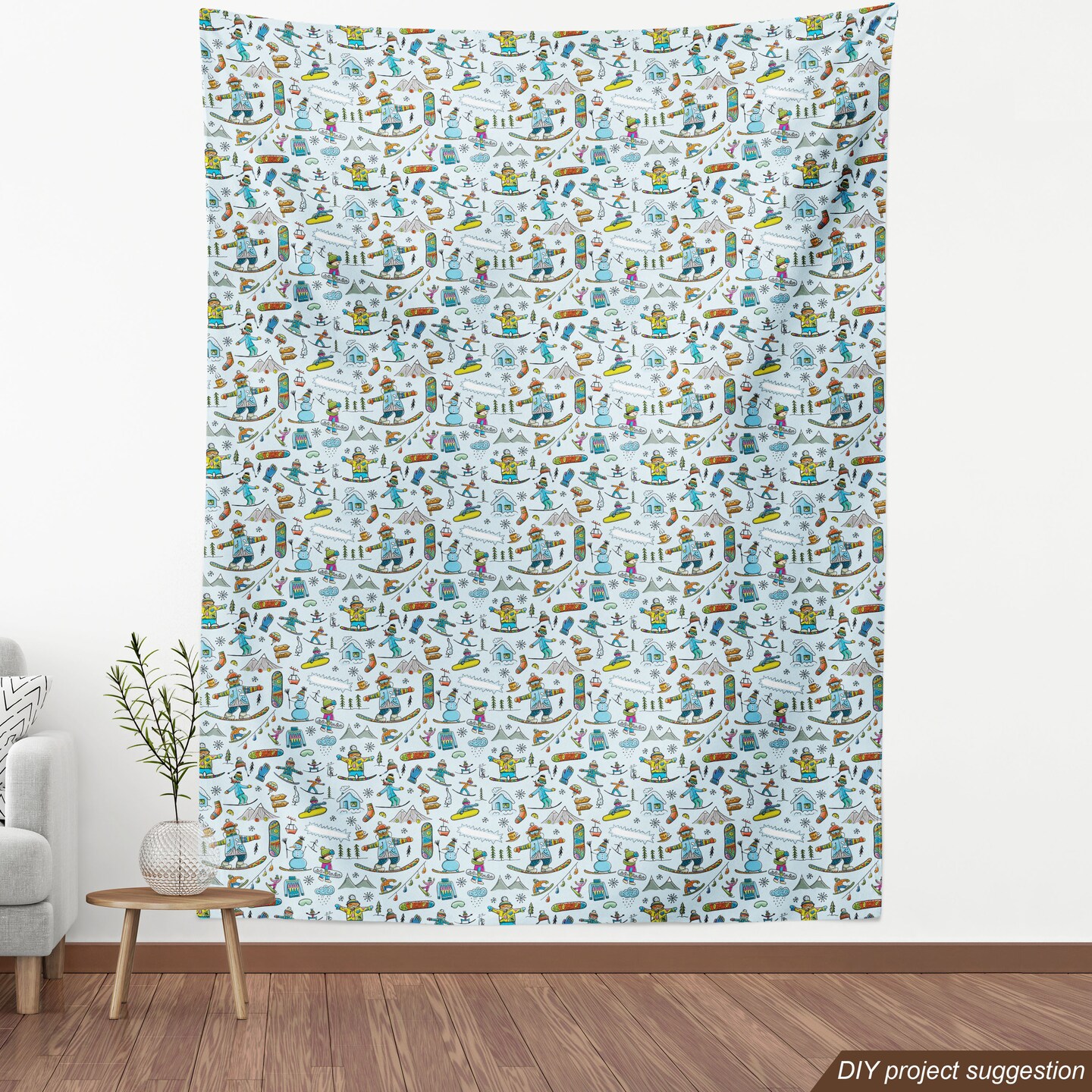 Ambesonne Winter Fabric by the Yard, Seasonal Sports Skiing Boy Mountain Ice Snowman Alpine Vacation Theme, Decorative Fabric for Upholstery and Home Accents, Multicolor
