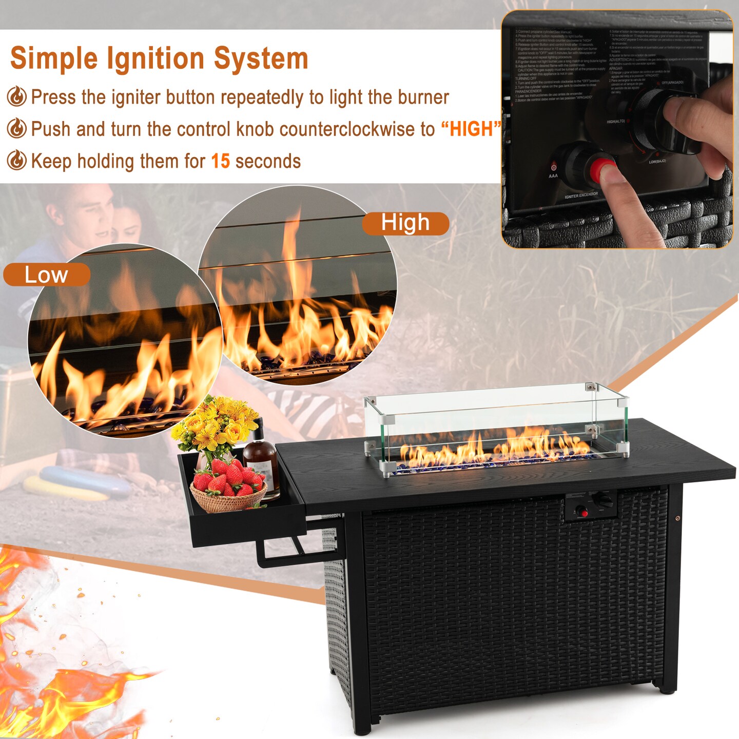52 Inches Outdoor Wicker Gas Fire Pit Propane Fire Table with Cover