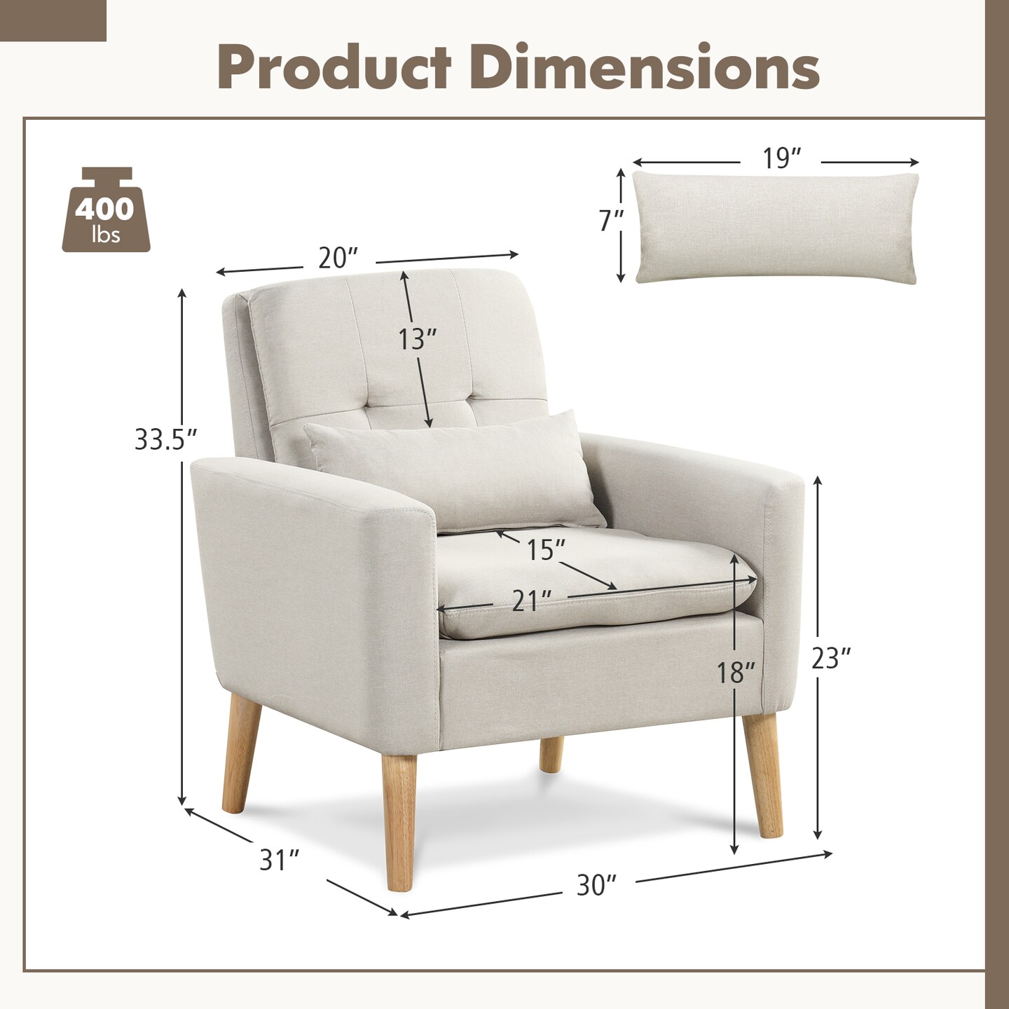 Accent Chair With Lumbar Pillow  Natural Rubber Wood Legs  Padded Cushions-beige