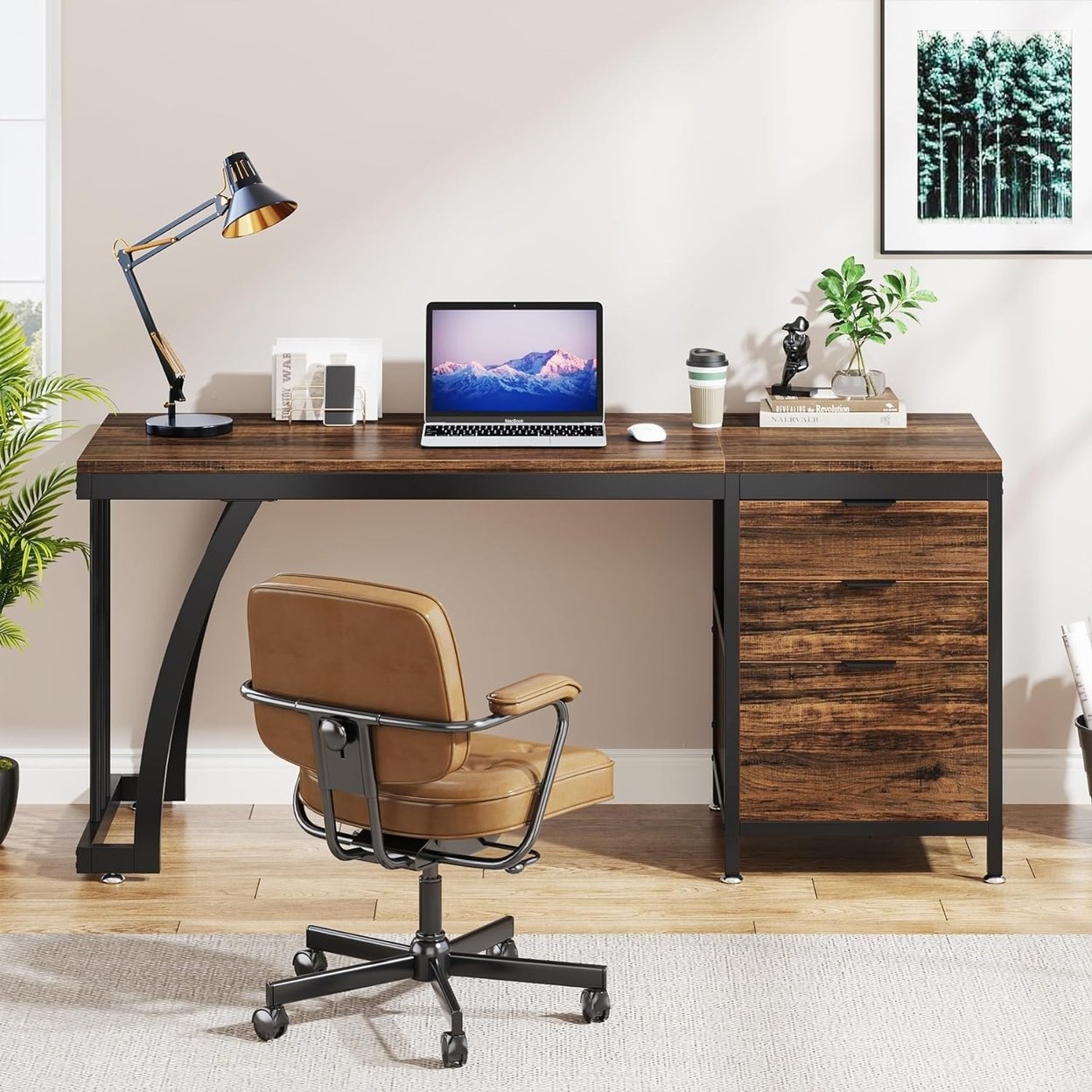 Tribesigns 59 Inch Computer Desk With 3 Reversible Drawers Industrial Style Brown