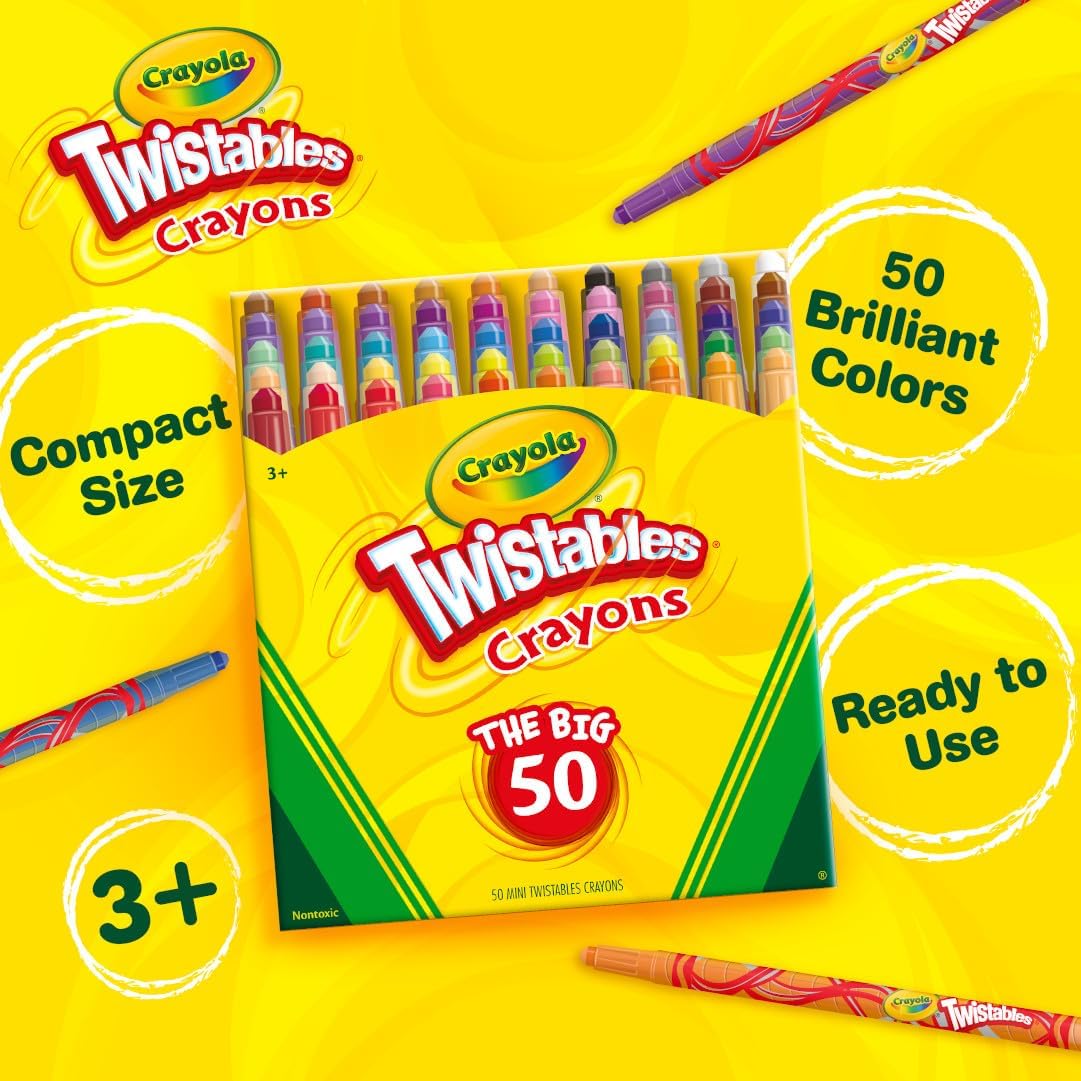 Toddler Crayons for Coloring Books, Mini Twistables Crayons (50ct), Kids Art Supplies for Back to School, Coloring Set