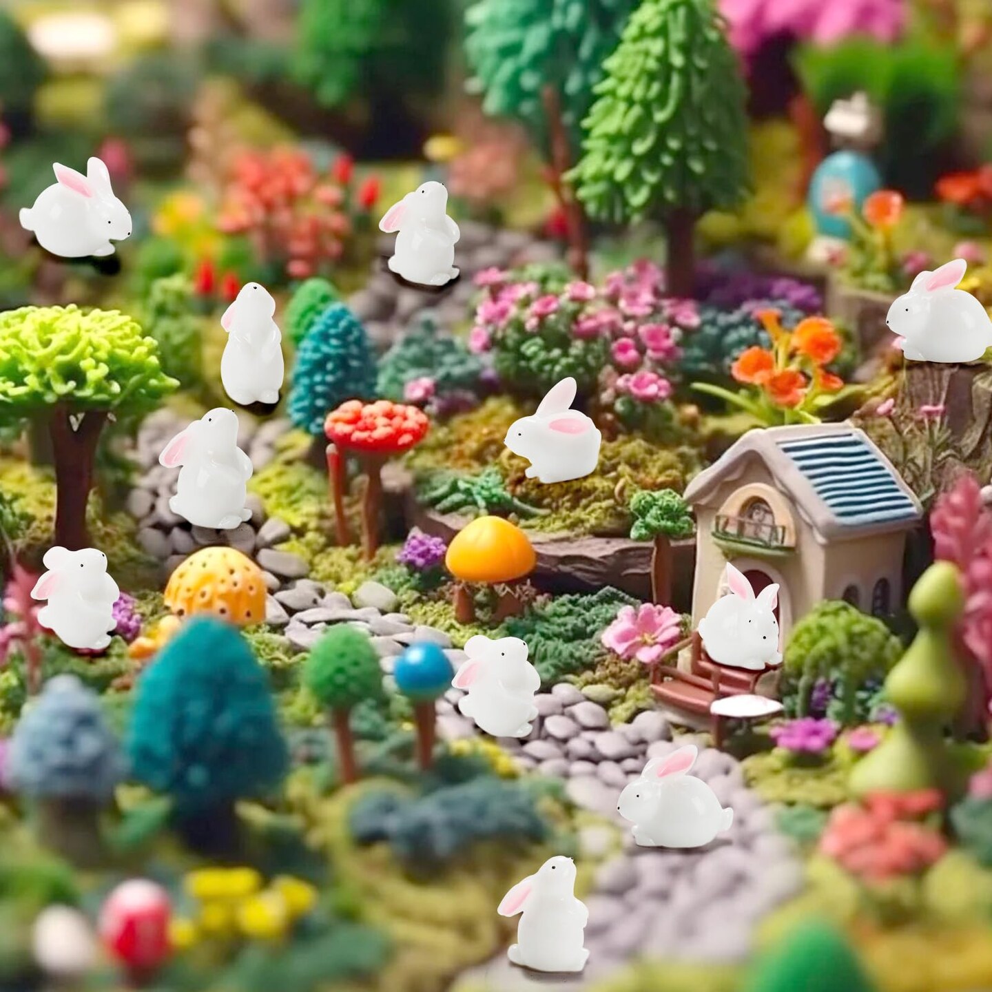 Exasinine Mini Rabbits Easter Bunny Miniature Figurines Animals Model Fairy Garden Miniature Moss Landscape DIY Terrarium Crafts Ornament Accessories for Home Décor (Rabbit, Pack of 20)