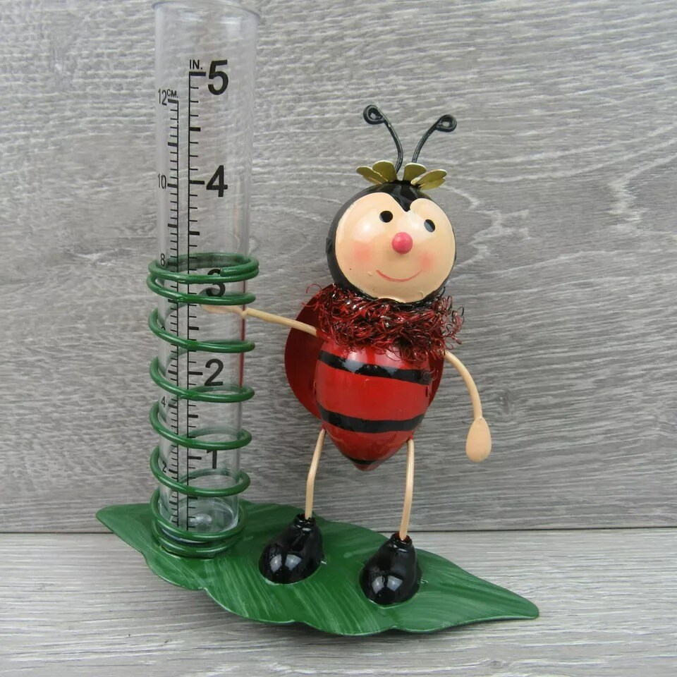 Rain Gauge Garden Metal Stake Ladybug Decorative Outdoor Yard Decor