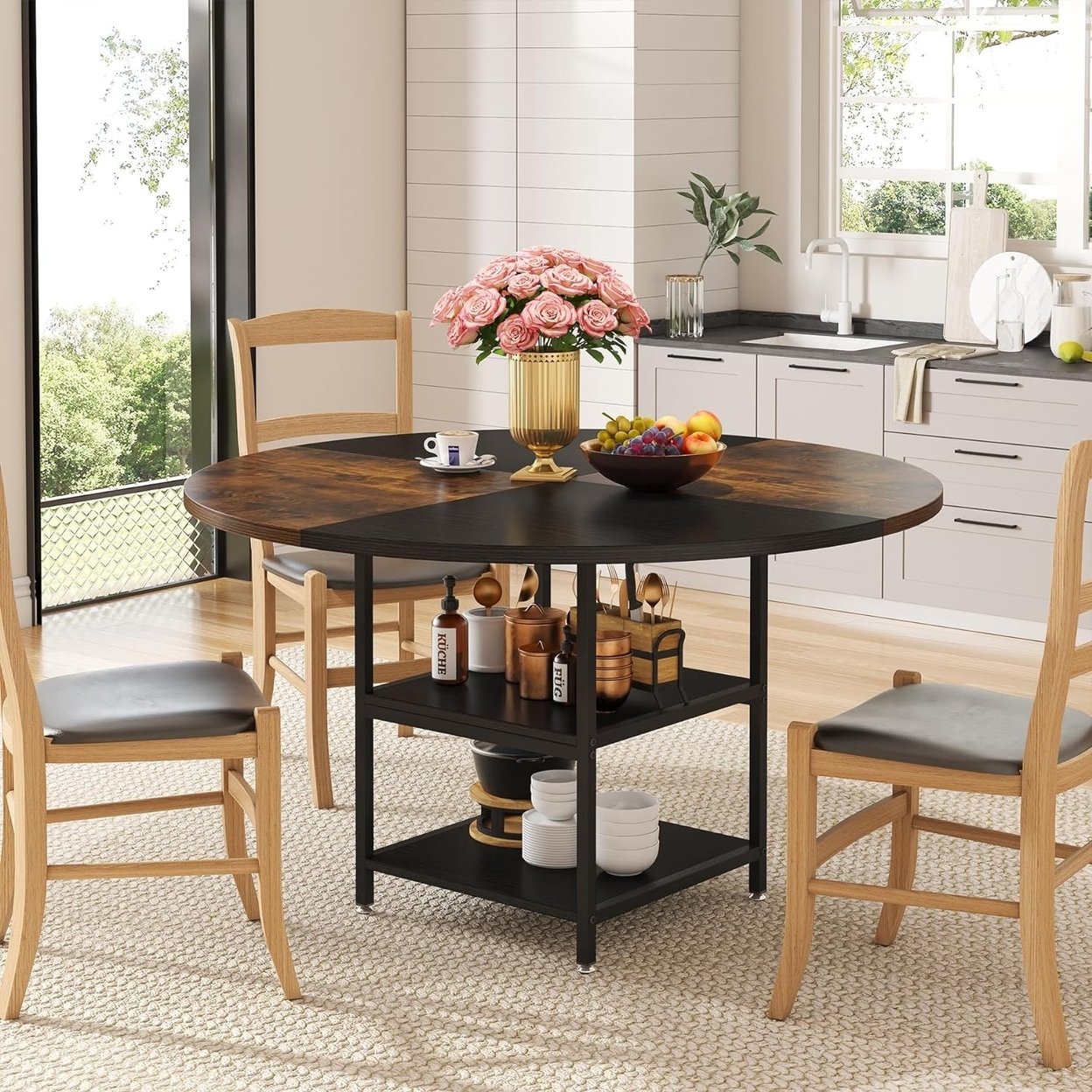Tribesigns   47 inch Round Dining Table for 4 People Circle Dinner Tables with Storage Shelves