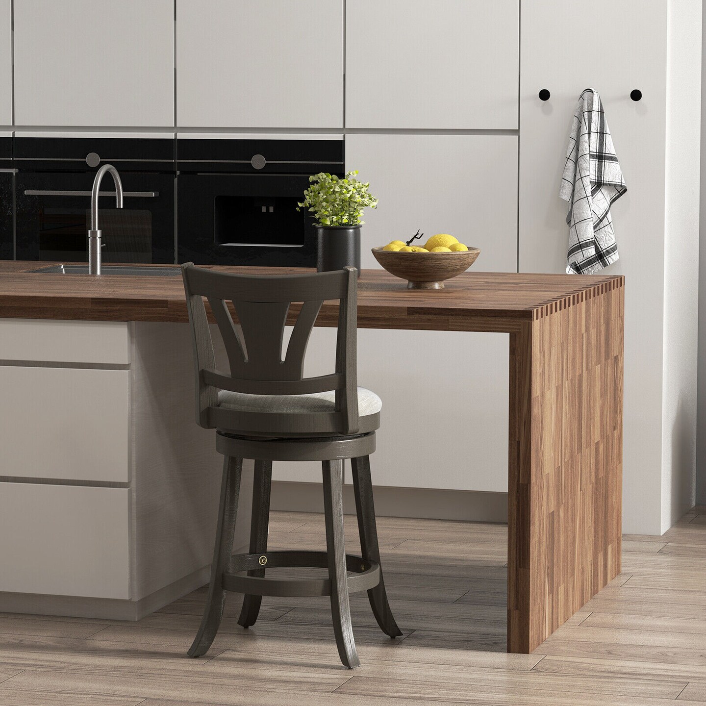 Swivel Bar Stool With Backrest Soft Cushioned Seat And Footrest