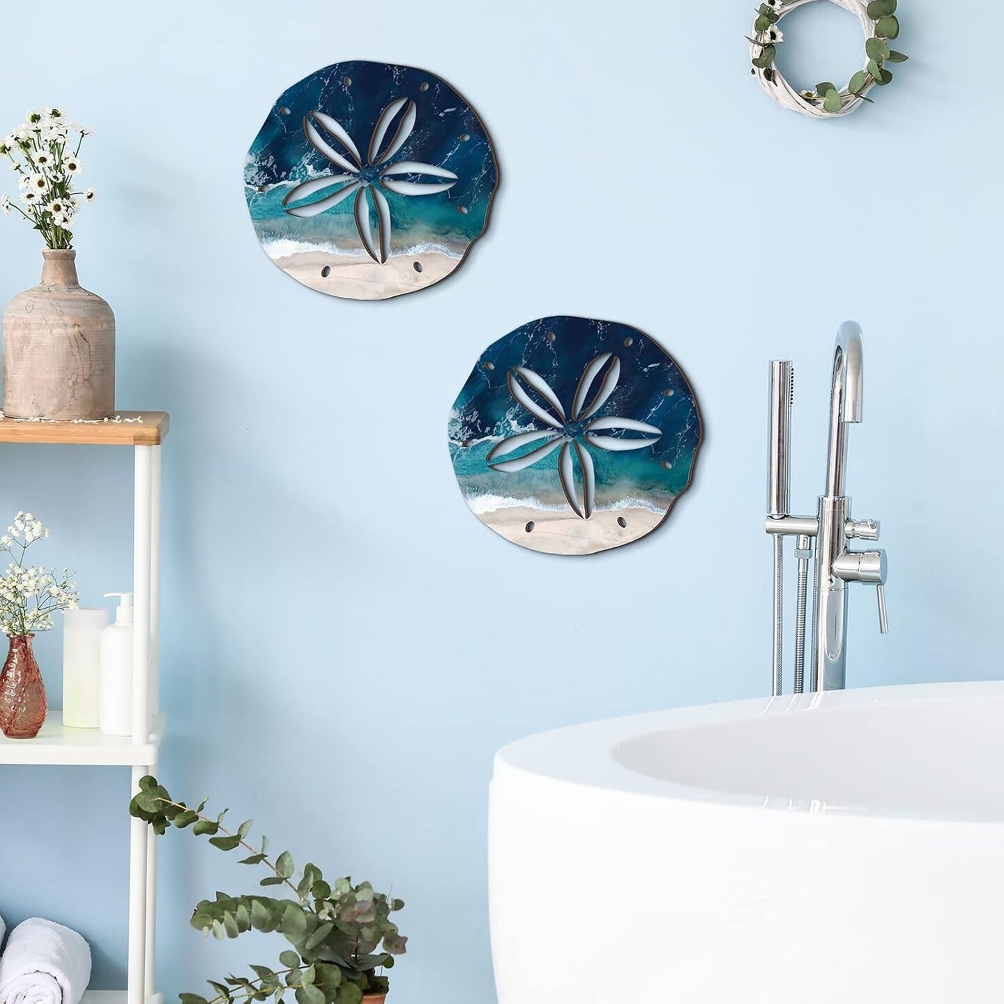 6 pcs&#xA0;of wood coastal wall art, seashell wall decor, wooden nautical bathroom decor, hanging sea farmhouse rustic wall decorations for indoor and outdoor use, blue (starfish).