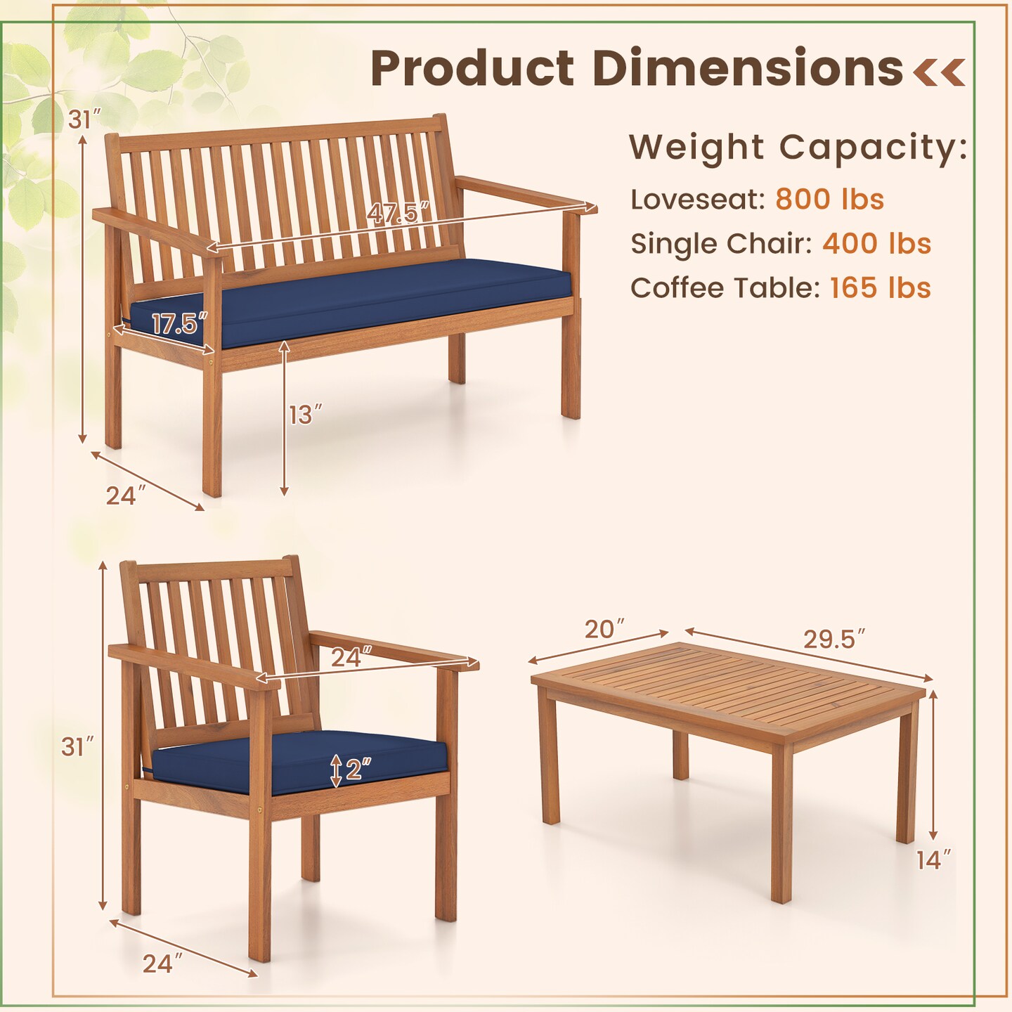 4 Piece Patio Wood Furniture Set Acacia Wood Sofa Set with Loveseat-Navy